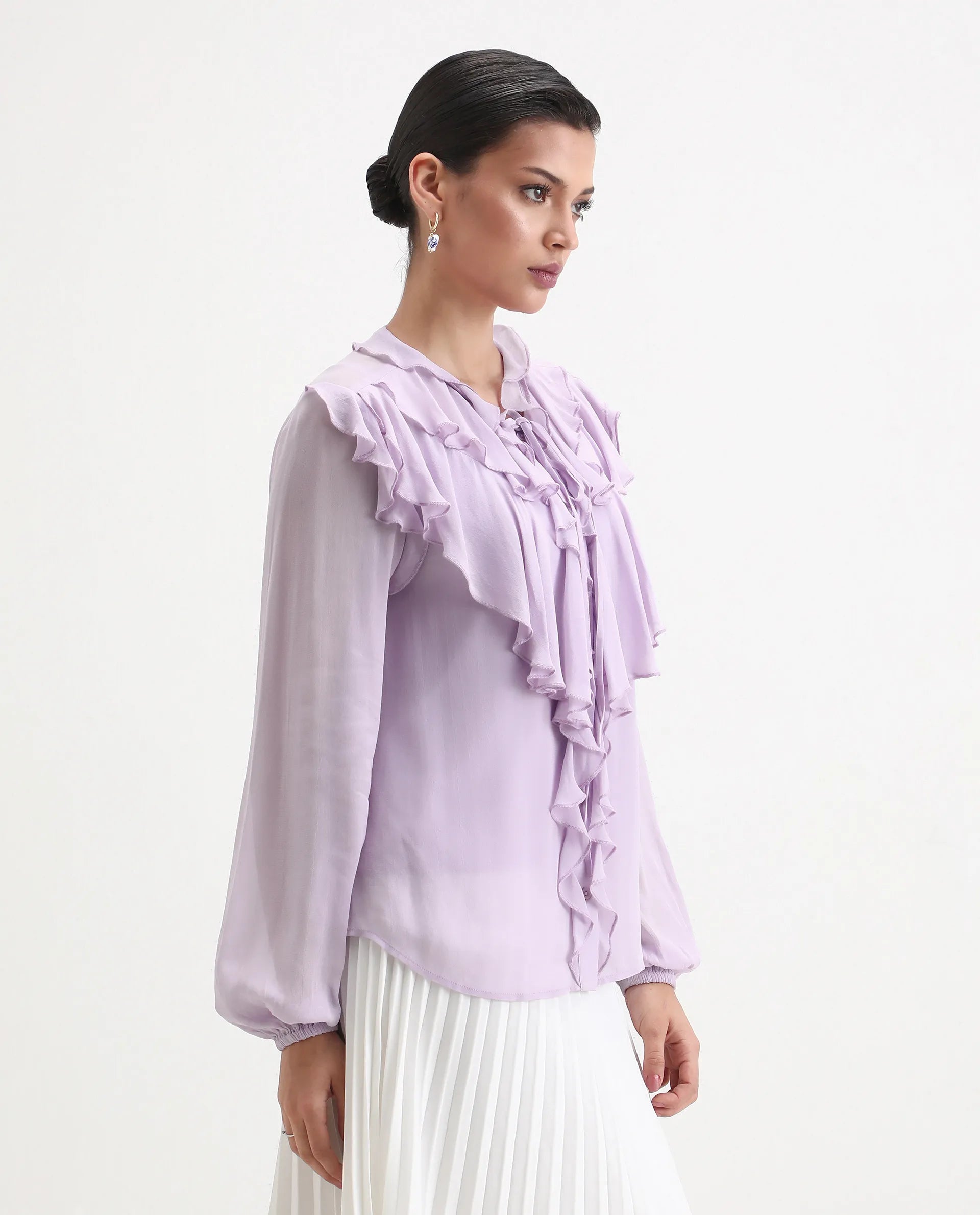 Rareism Women's Nubin Pastel Purple Polyester Bishop Sleeve Ruffled Neck Regular Fit Plain Top