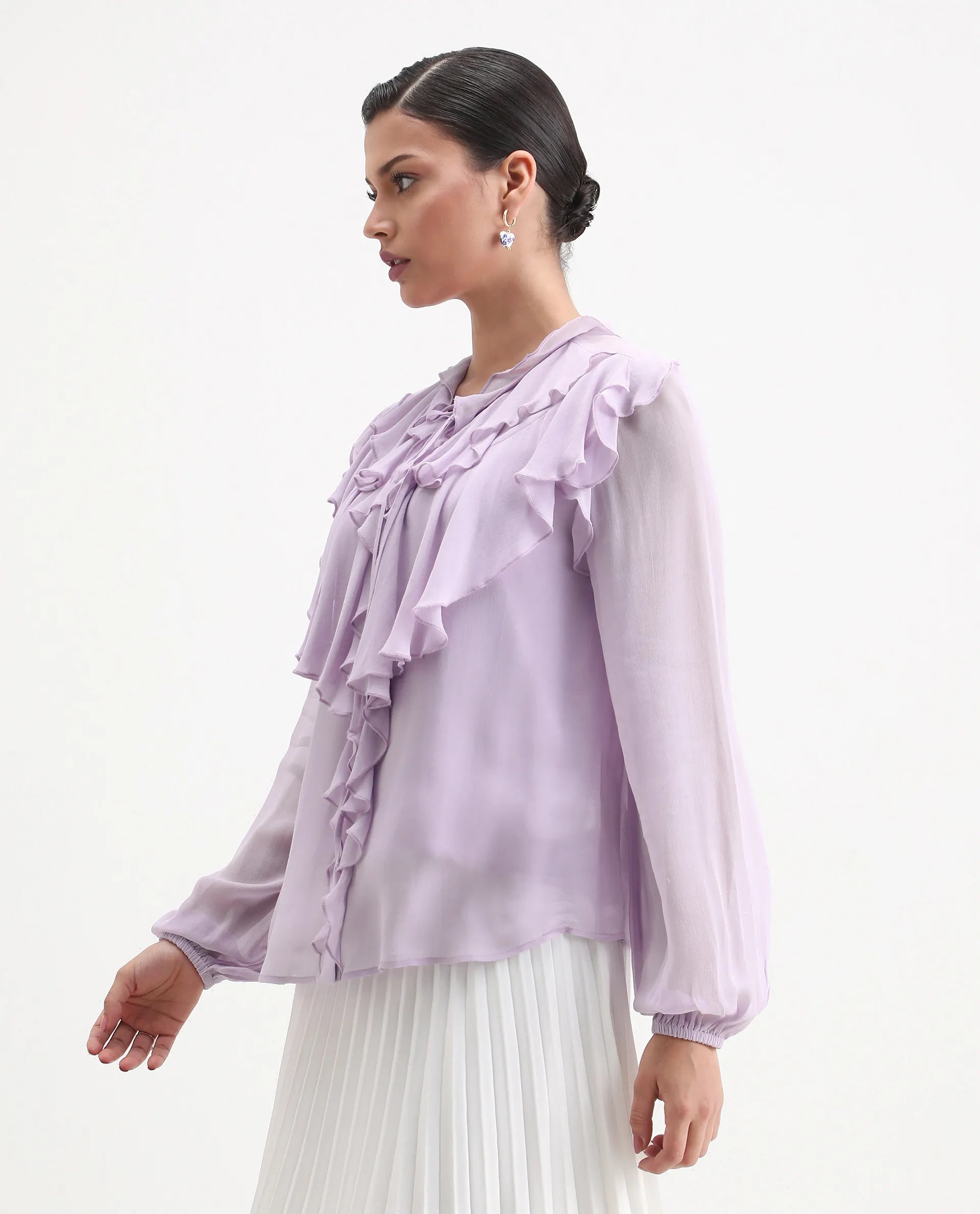 Rareism Women's Nubin Pastel Purple Polyester Bishop Sleeve Ruffled Neck Regular Fit Plain Top