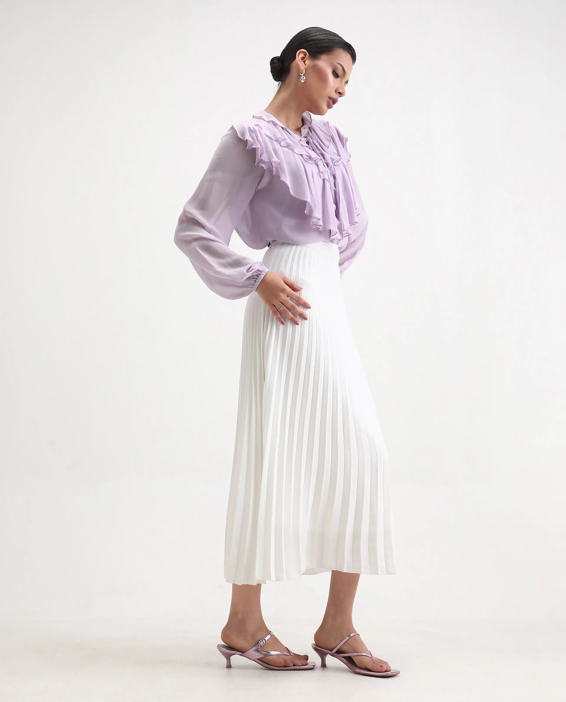 Rareism Women's Nubin Pastel Purple Polyester Bishop Sleeve Ruffled Neck Regular Fit Plain Top