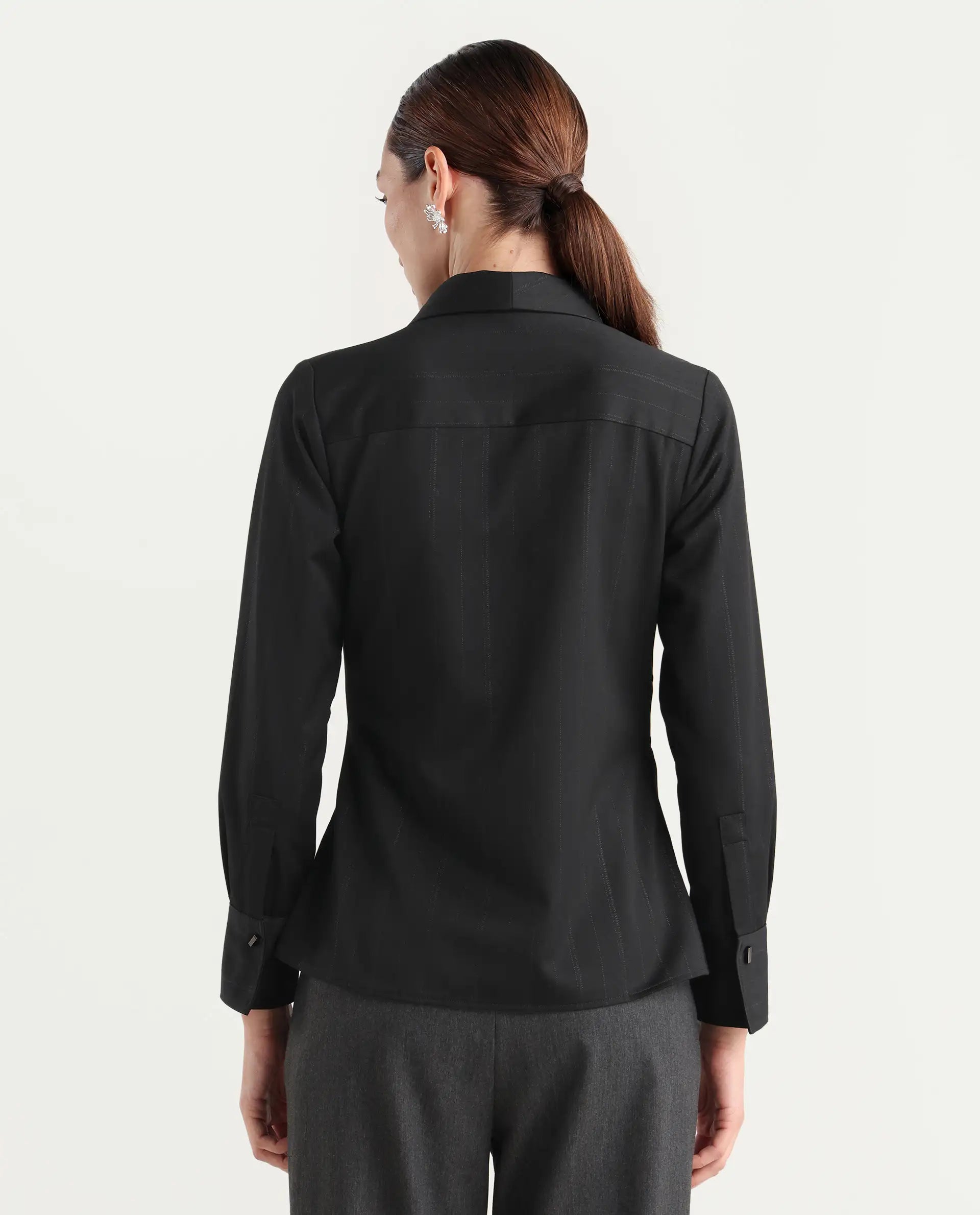 Rareism Women Nublin Black Cuffed Sleeve Lapel Neck Tie-Up Closure Plain Top