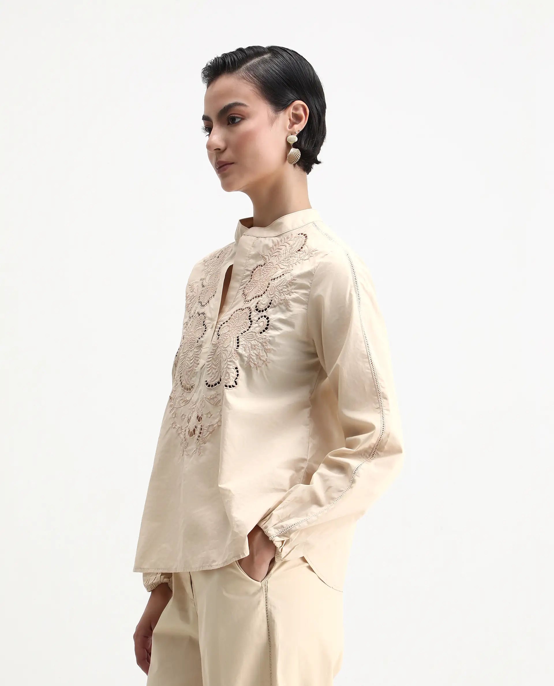 Rareism Women's Nucut-T Beige Cotton Mandarin Collar Regular Fit Top