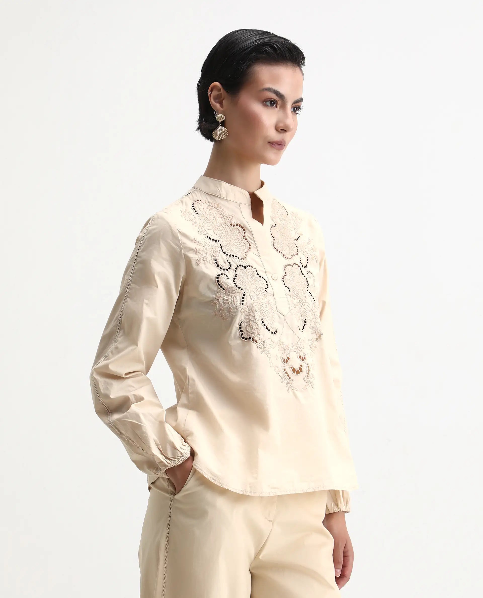 Rareism Women's Nucut-T Beige Cotton Mandarin Collar Regular Fit Top