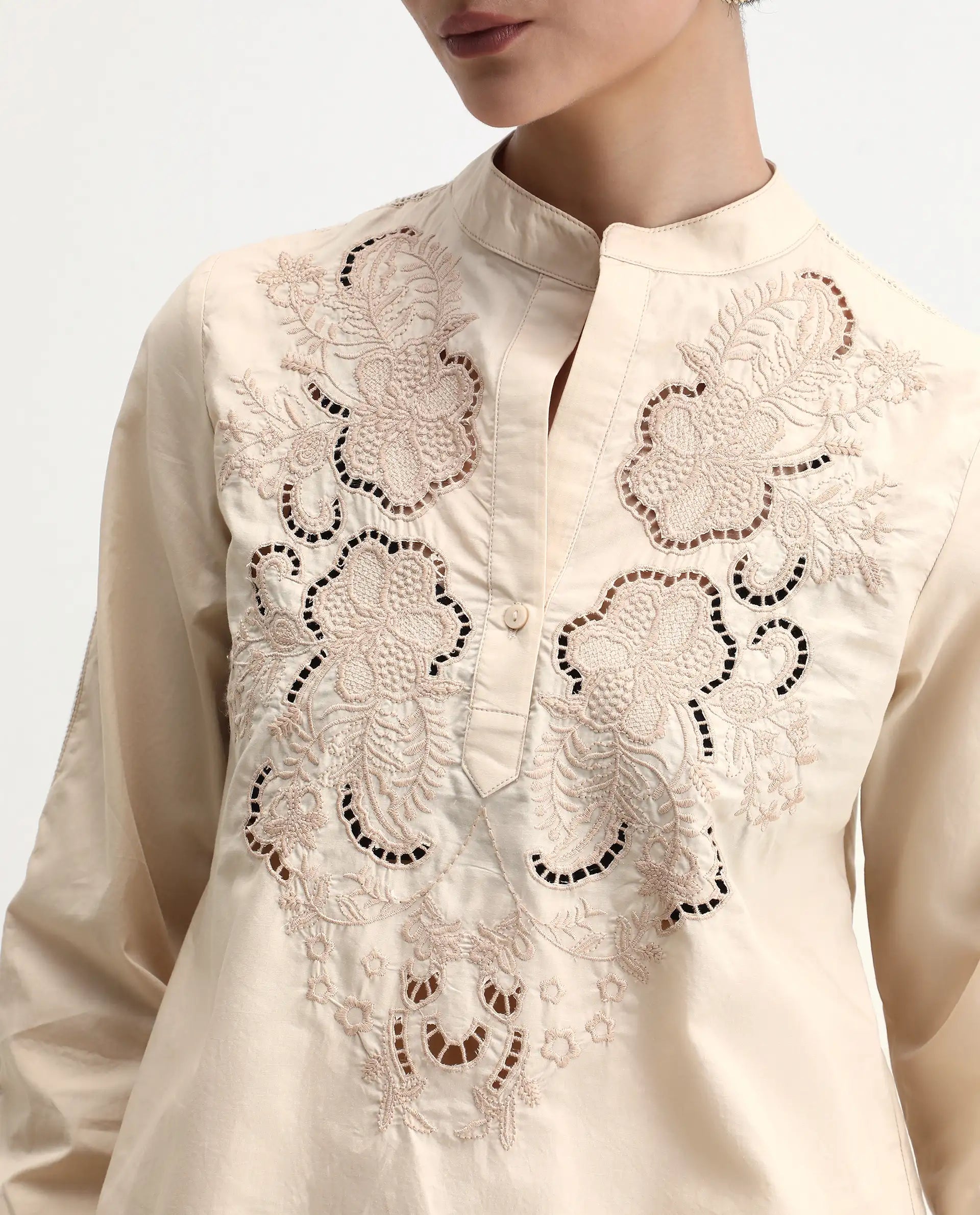 Rareism Women's Nucut-T Beige Cotton Mandarin Collar Regular Fit Top