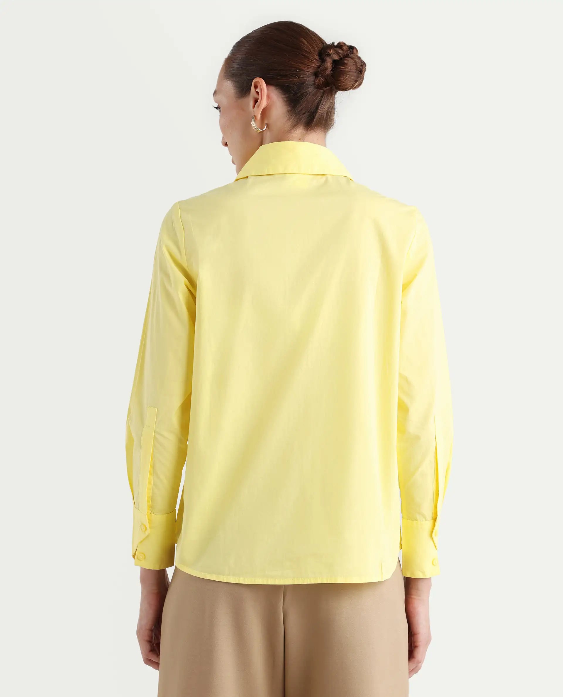 Rareism Women's Nuda Yellow Cotton Spread Collar Plain Regular Fit Top
