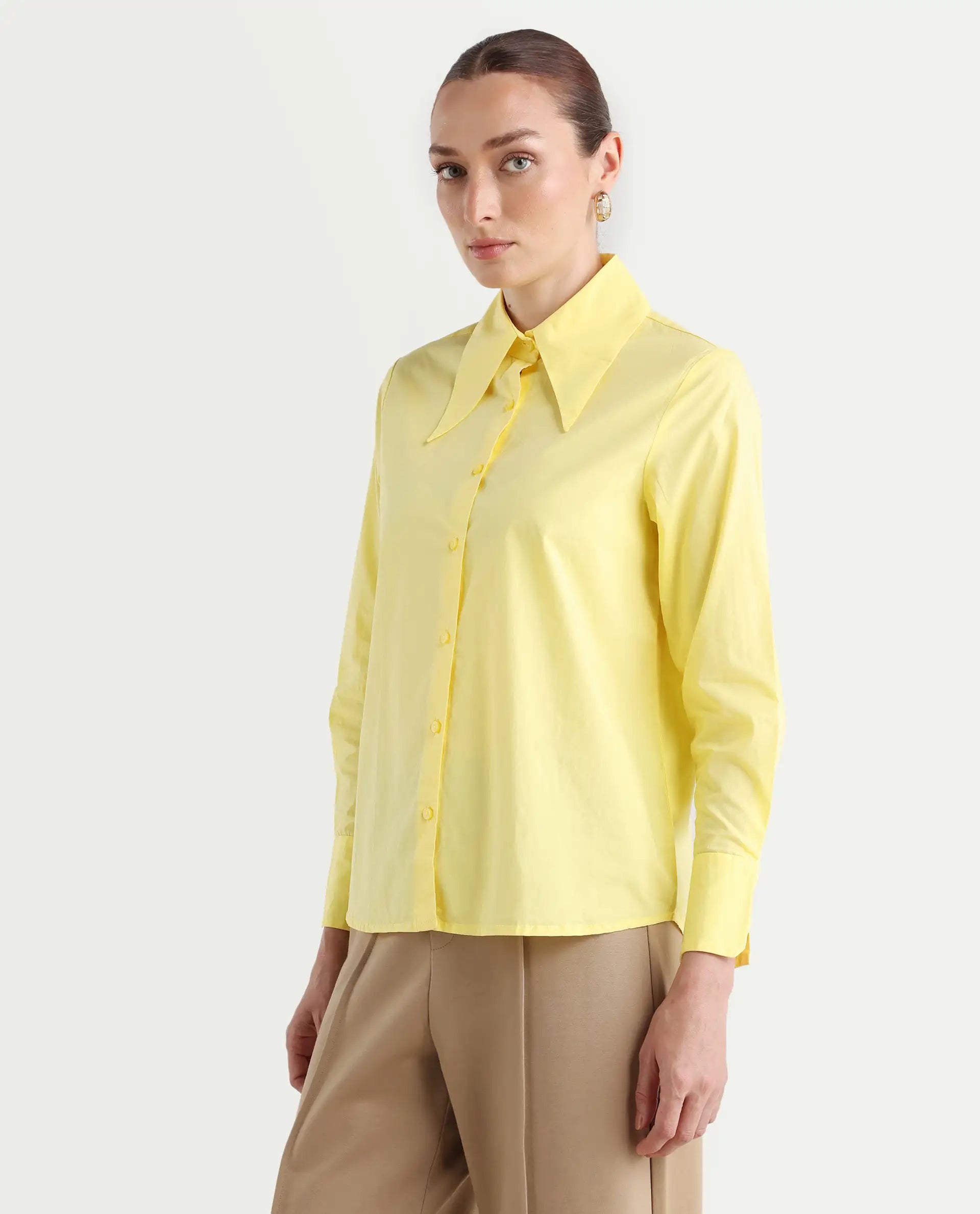 Rareism Women's Nuda Yellow Cotton Spread Collar Plain Regular Fit Top