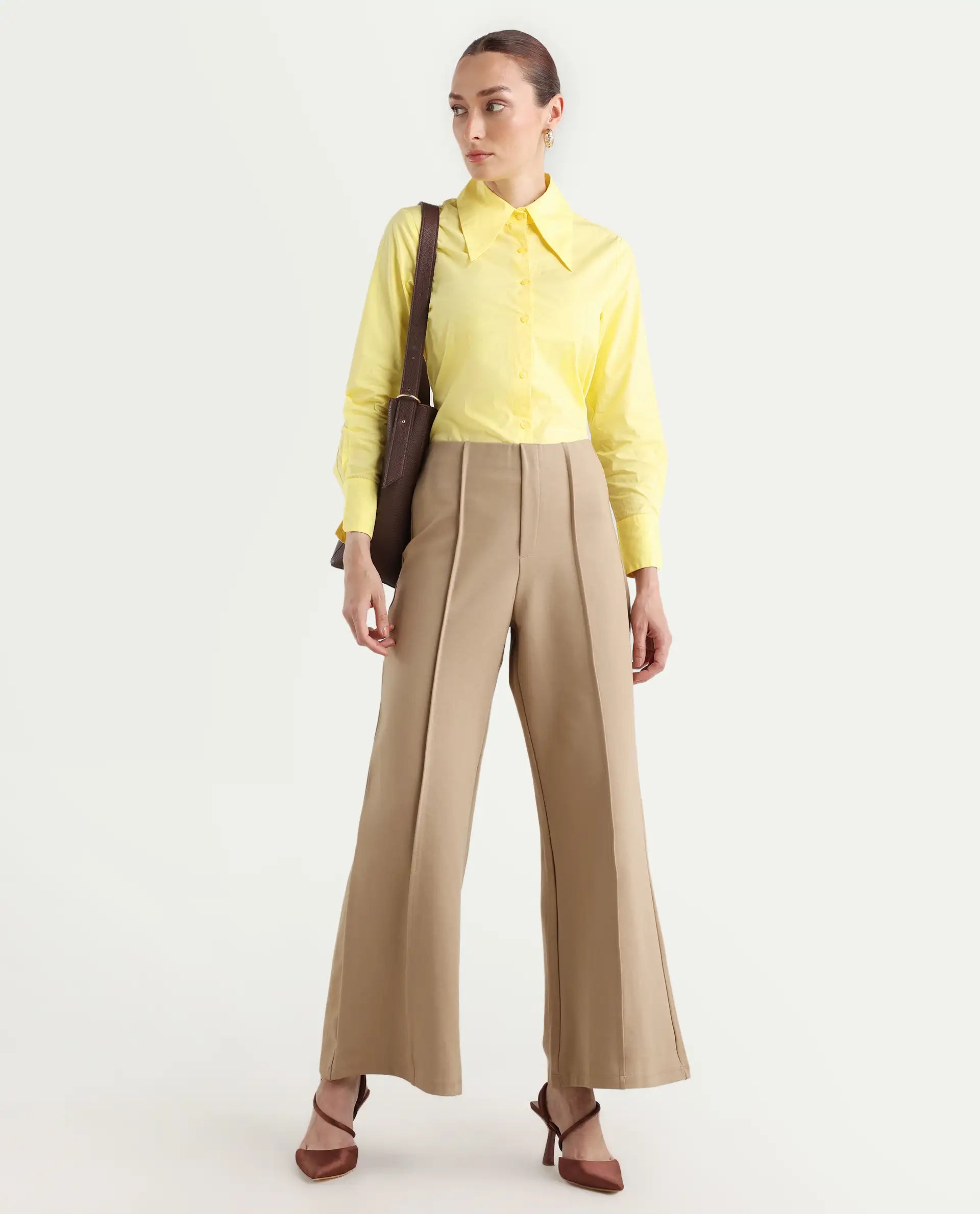 Rareism Women's Nuda Yellow Cotton Spread Collar Plain Regular Fit Top