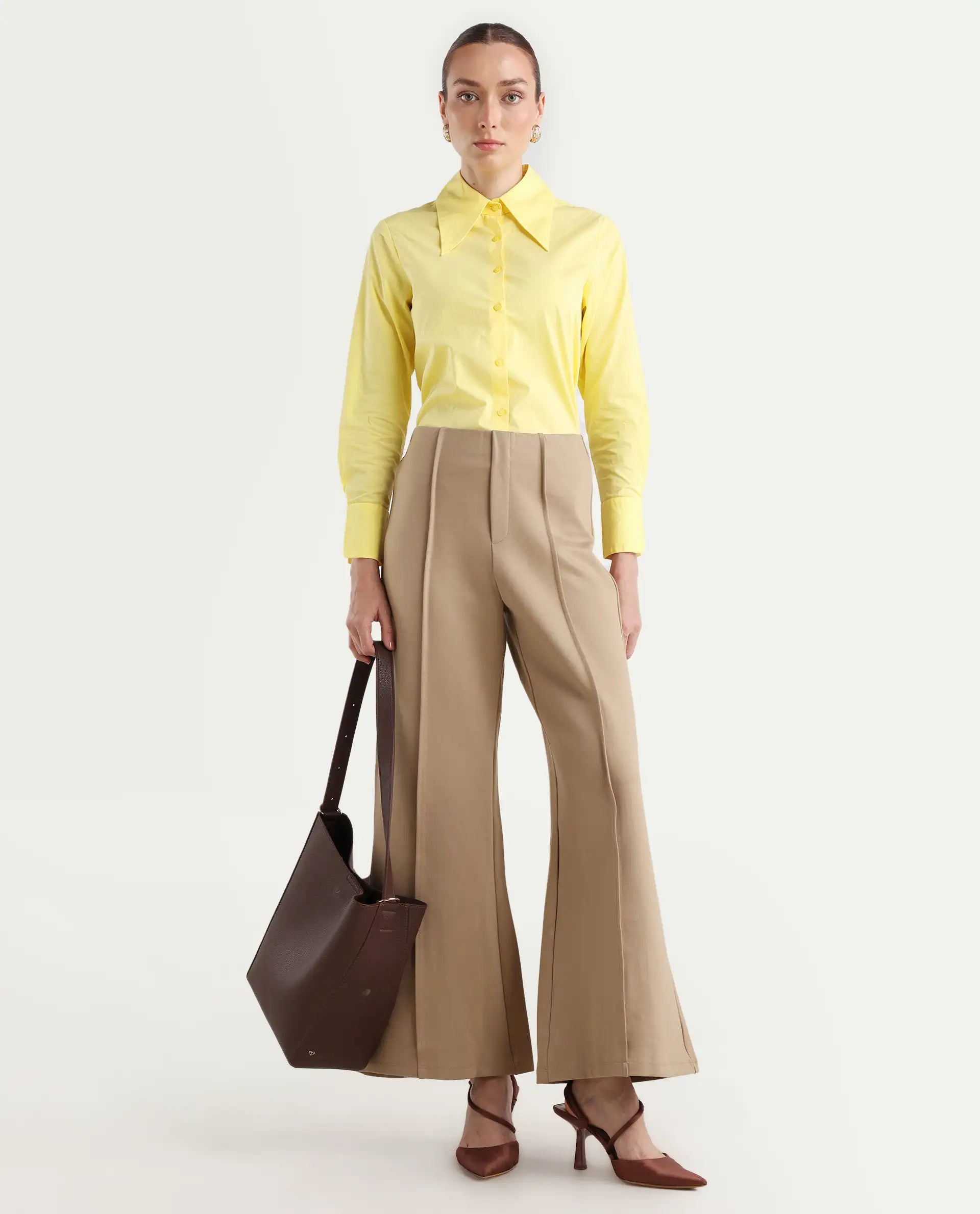 Rareism Women's Nuda Yellow Cotton Spread Collar Plain Regular Fit Top