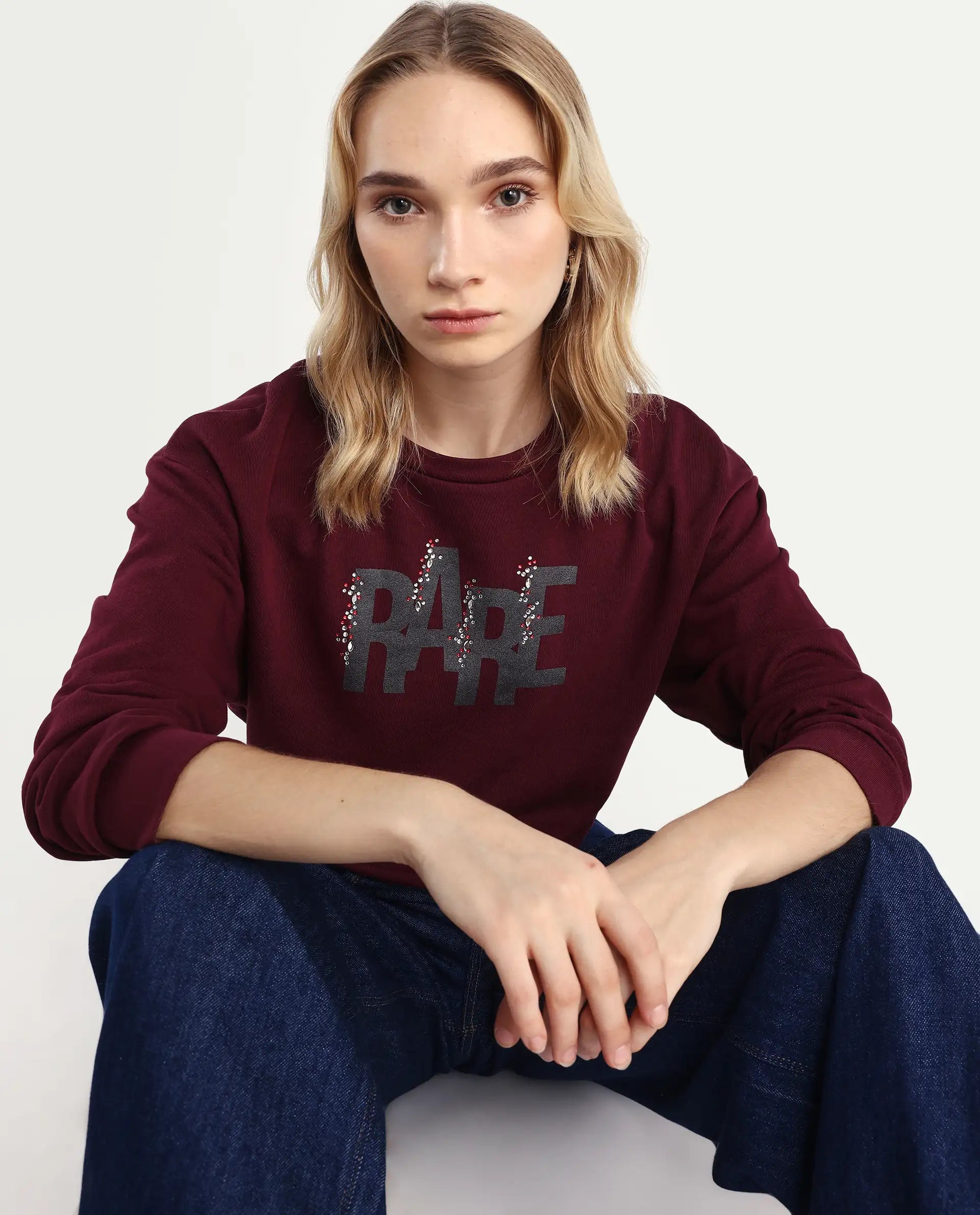 Rareism Women's Nudge Dark Maroon Cotton Blend Crew Neck Graphic Print Relaxed Fit Sweatshirt