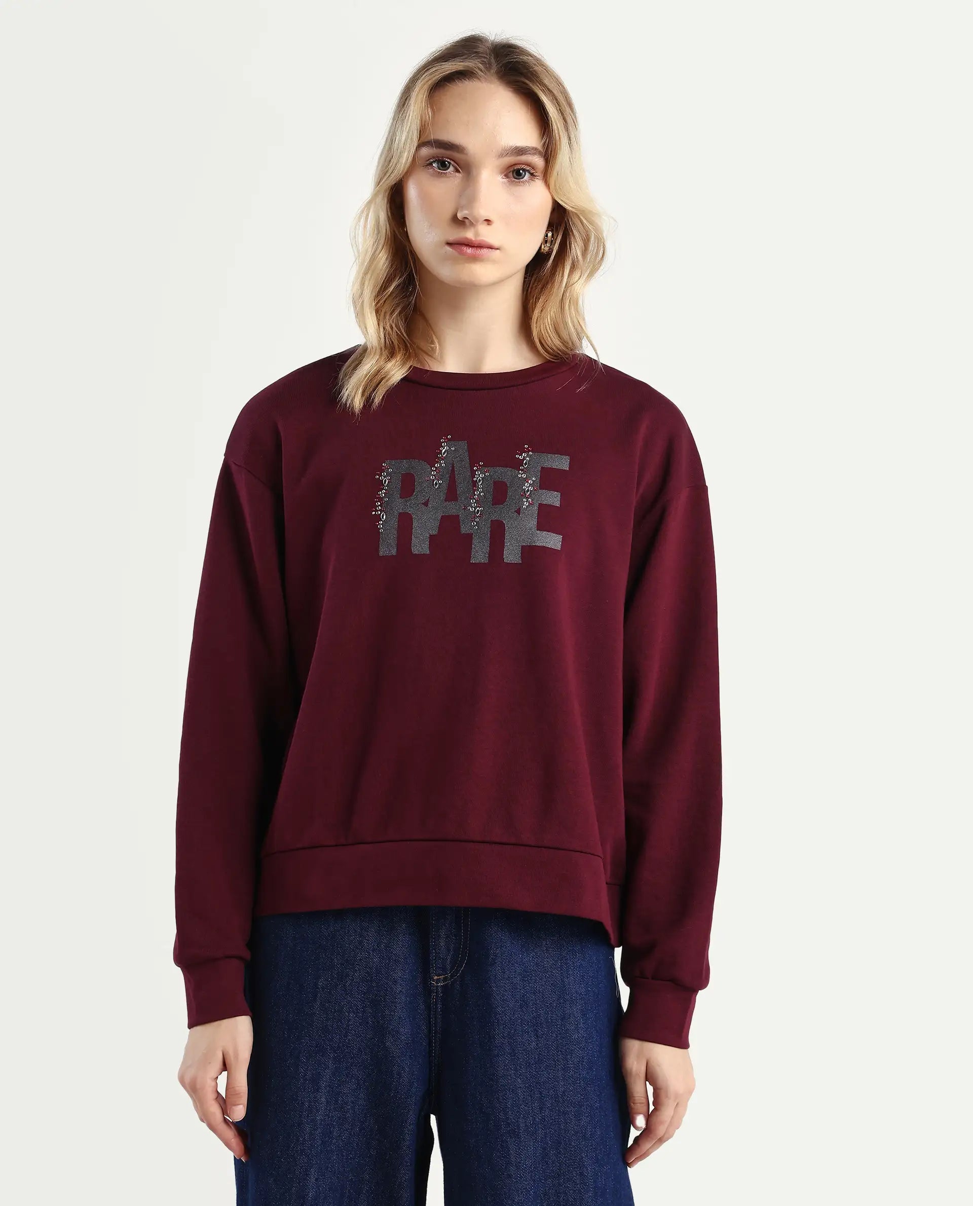 Rareism Women's Nudge Dark Maroon Cotton Blend Crew Neck Graphic Print Relaxed Fit Sweatshirt