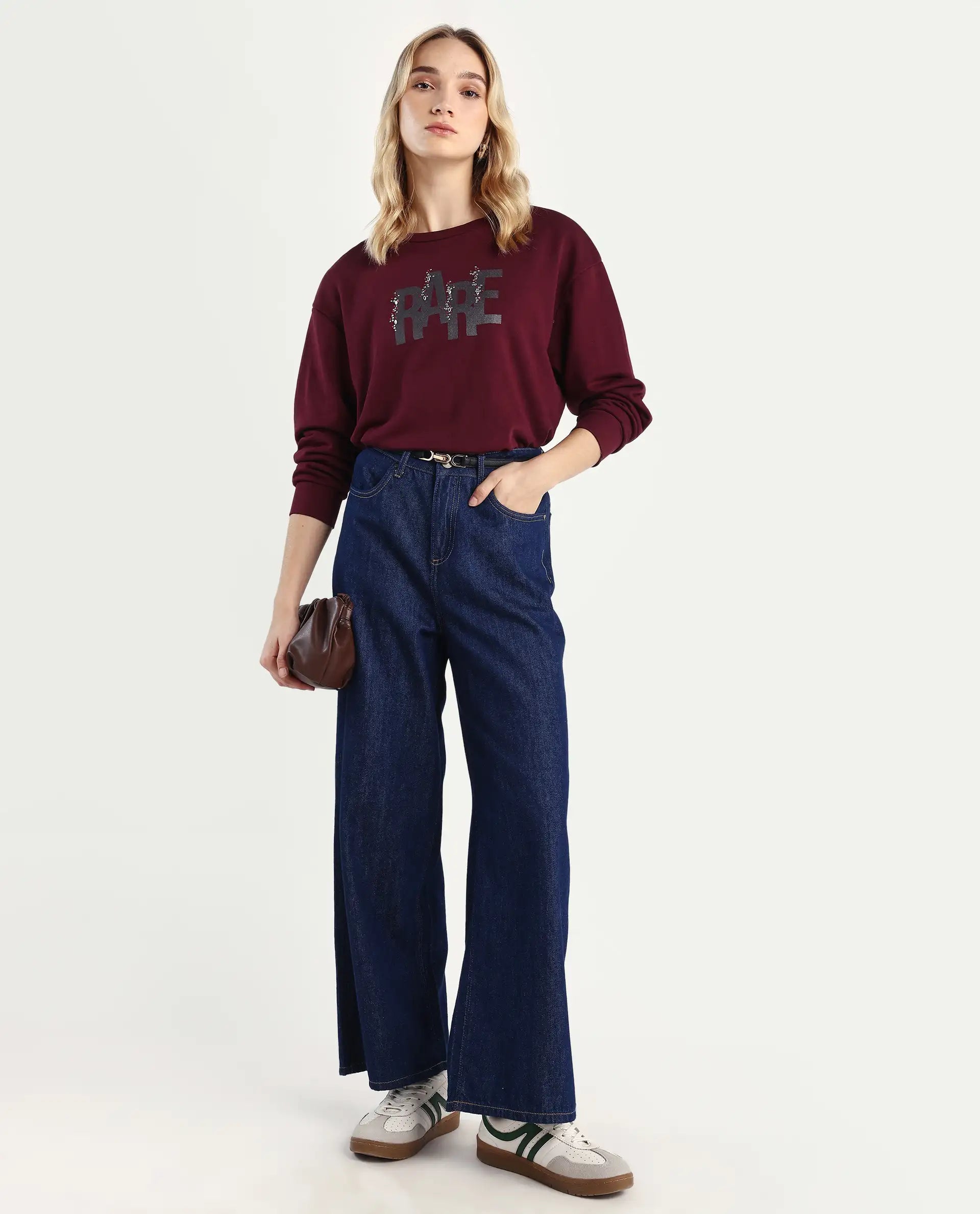 Rareism Women's Nudge Dark Maroon Cotton Blend Crew Neck Graphic Print Relaxed Fit Sweatshirt