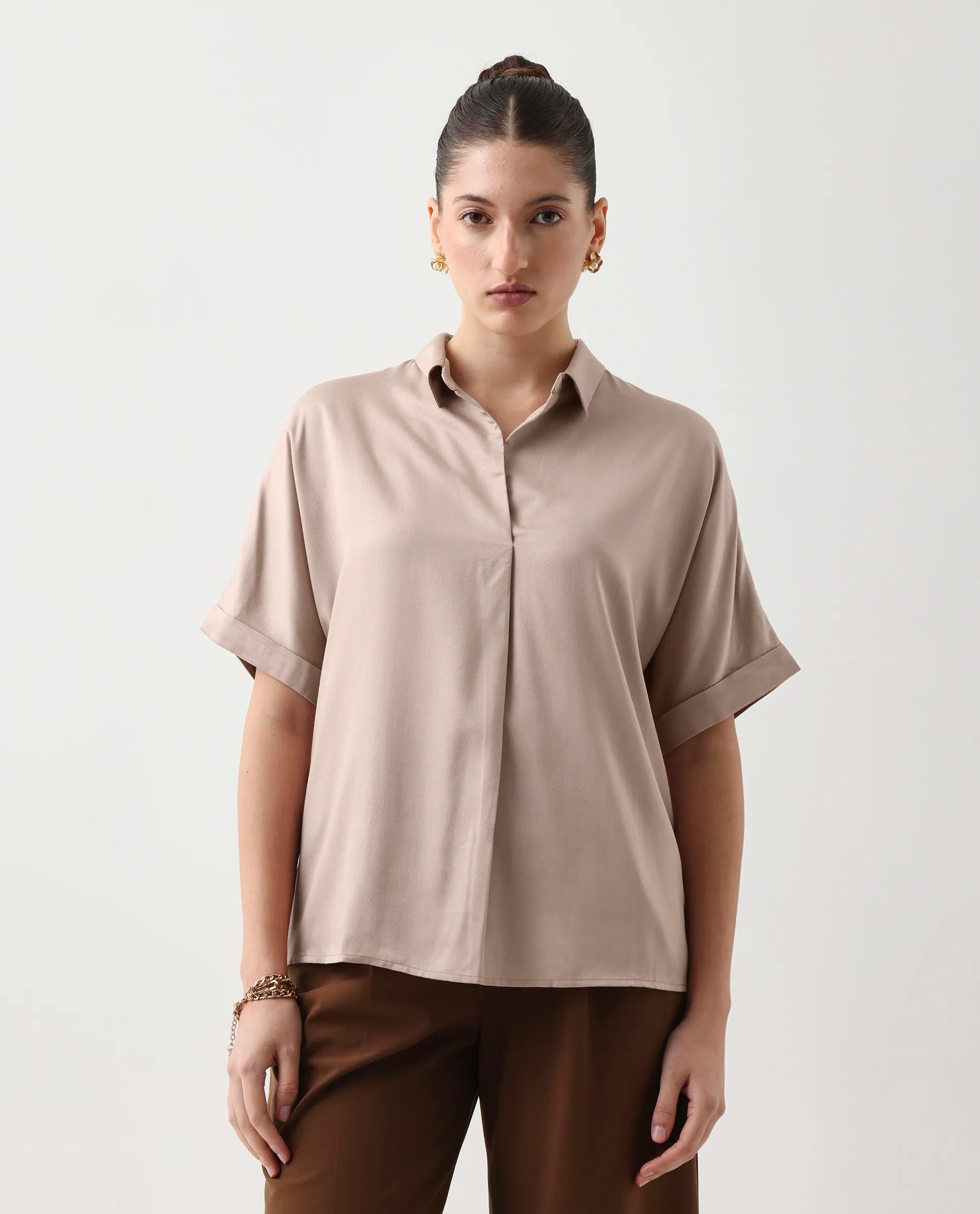 Rareism Women's Nudim Beige Viscose Blend Extended Sleeves Jonny Collar Boxy Fit Plain Top