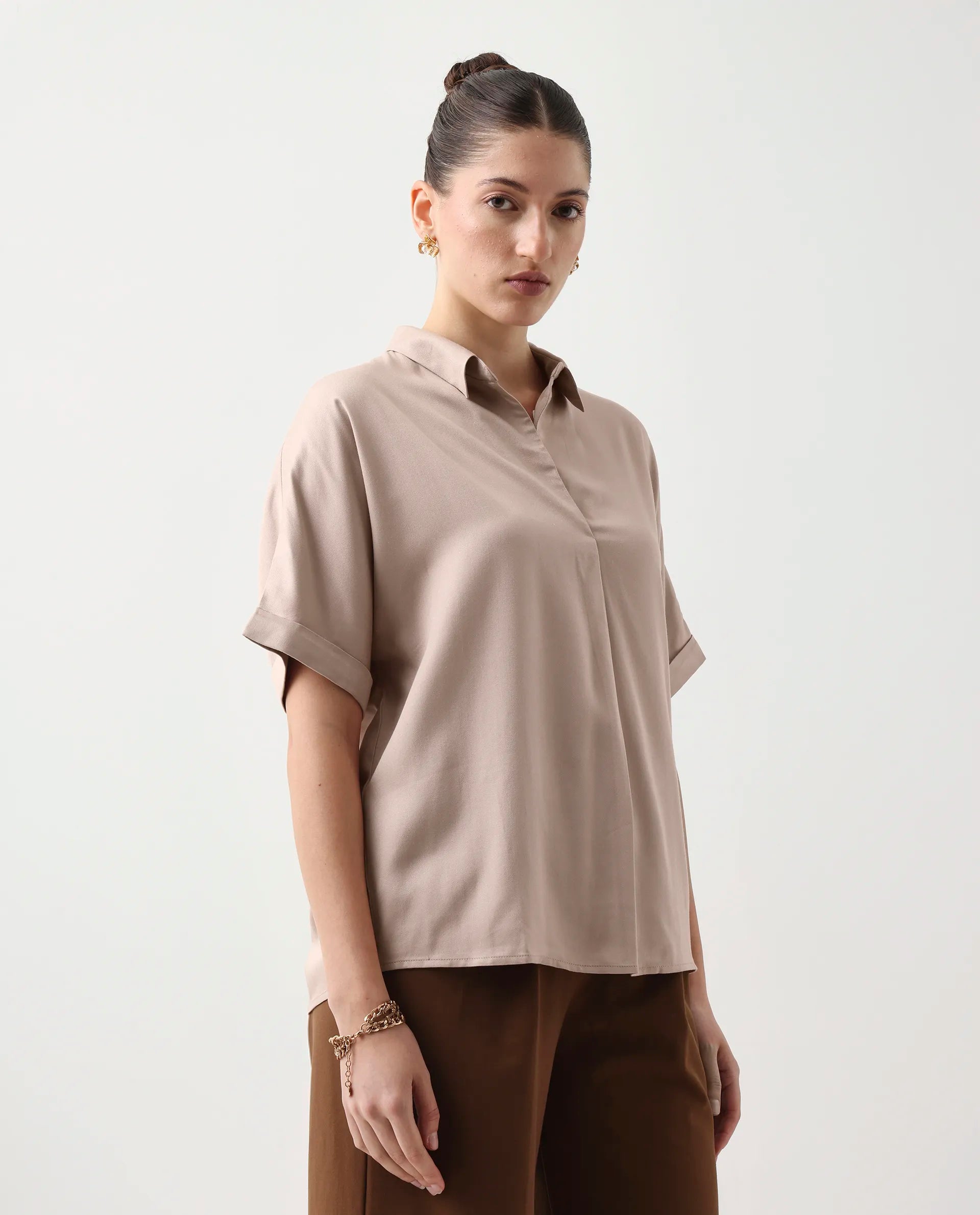 Rareism Women's Nudim Beige Viscose Blend Extended Sleeves Jonny Collar Boxy Fit Plain Top