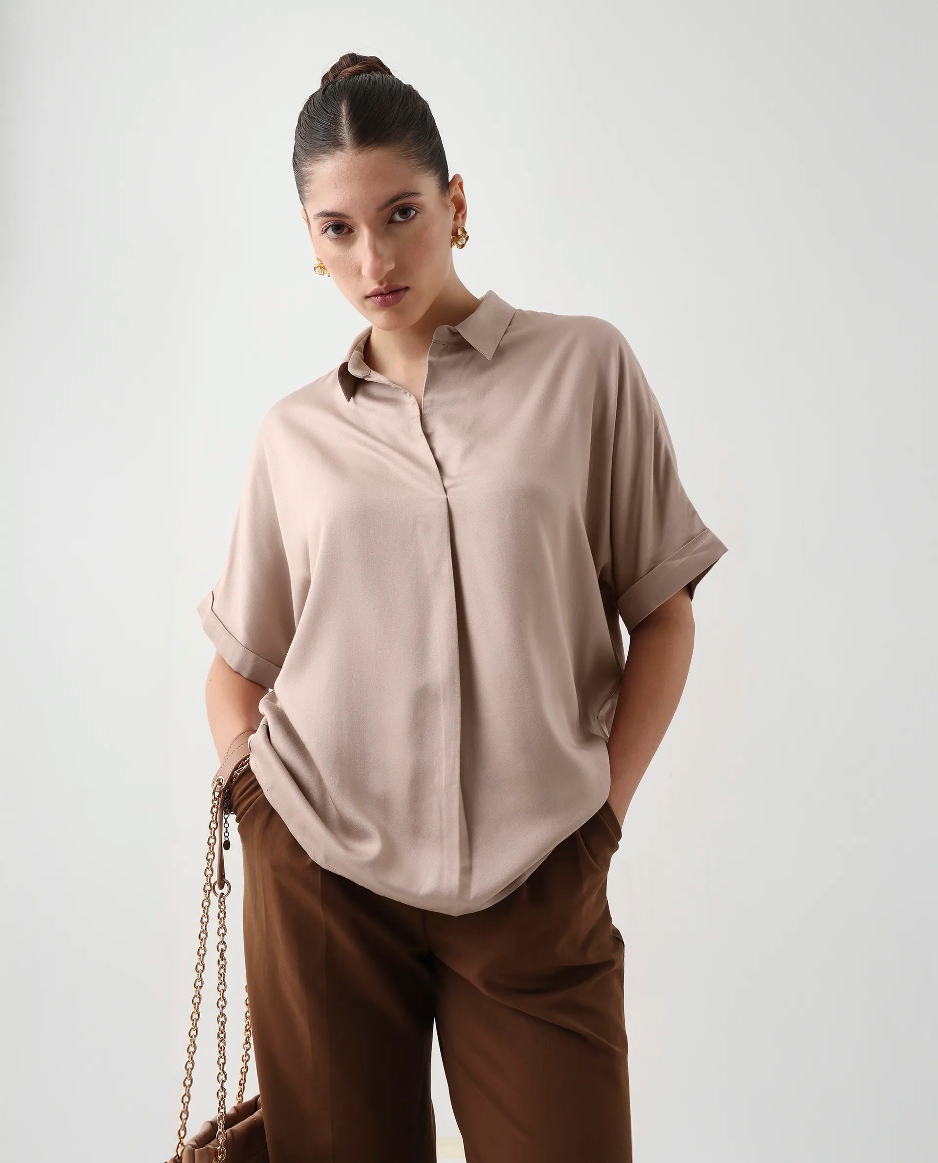 Rareism Women's Nudim Beige Viscose Blend Extended Sleeves Jonny Collar Boxy Fit Plain Top