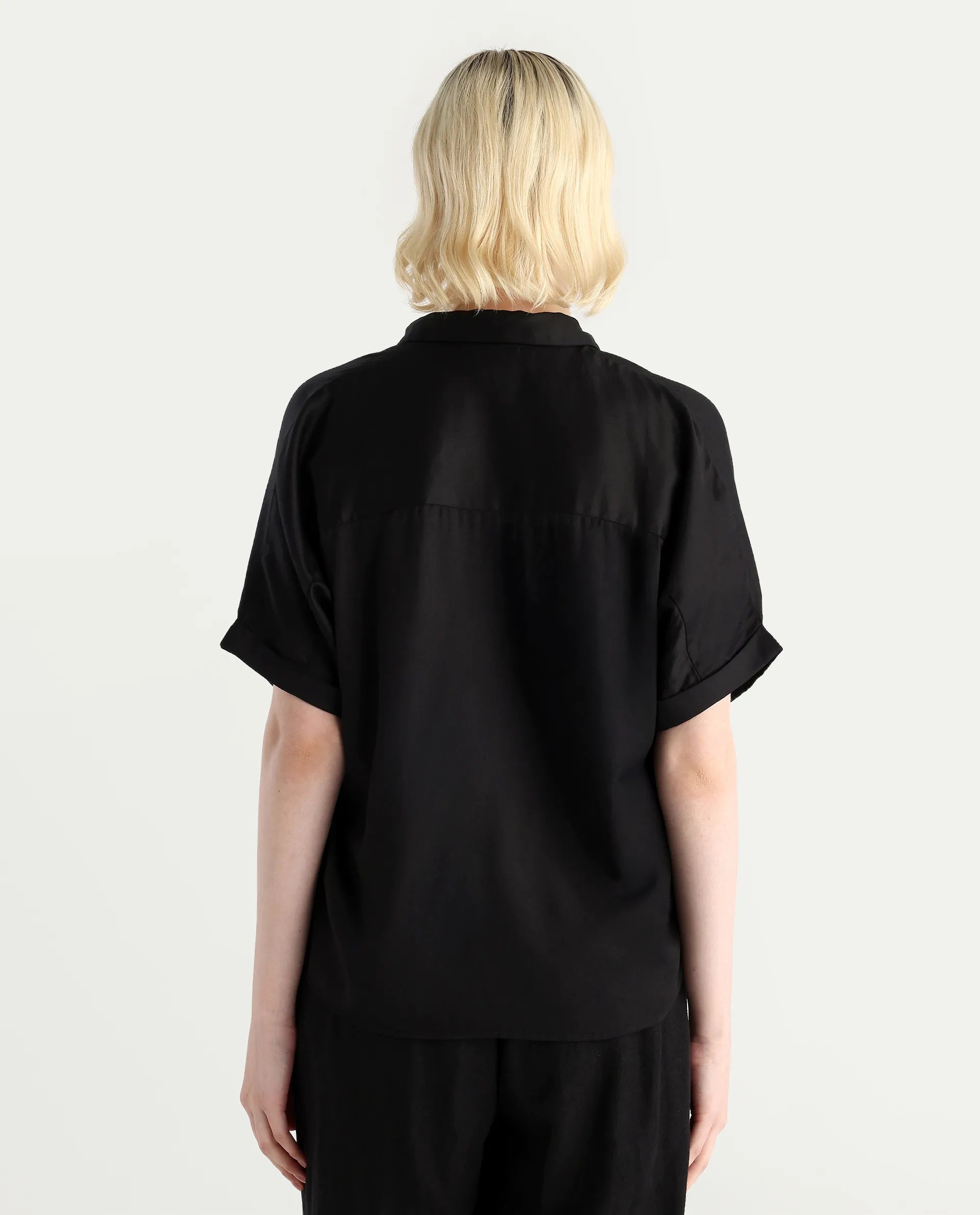 Rareism Women Nudim Black Extended Sleeves Jonny Collar Boxy Fit Plain Top