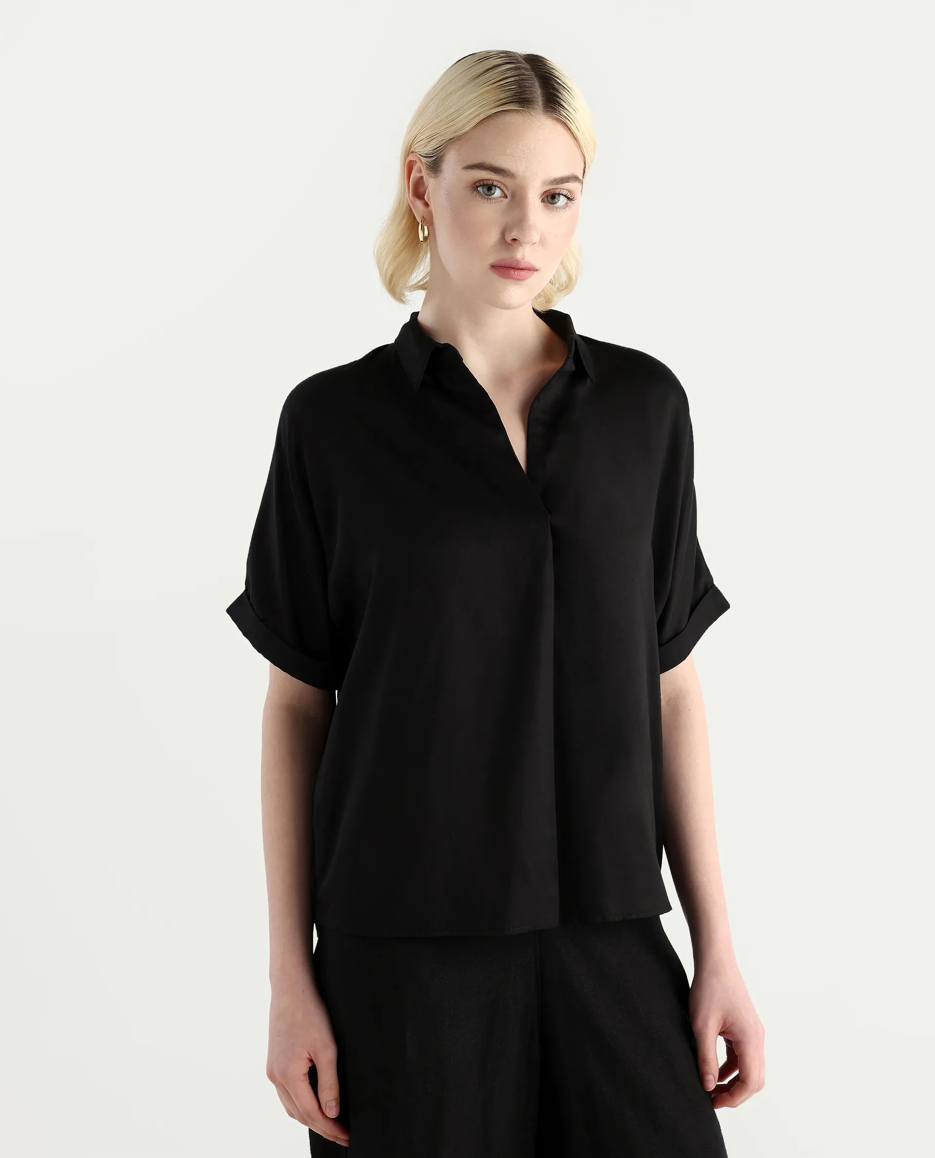Rareism Women Nudim Black Extended Sleeves Jonny Collar Boxy Fit Plain Top