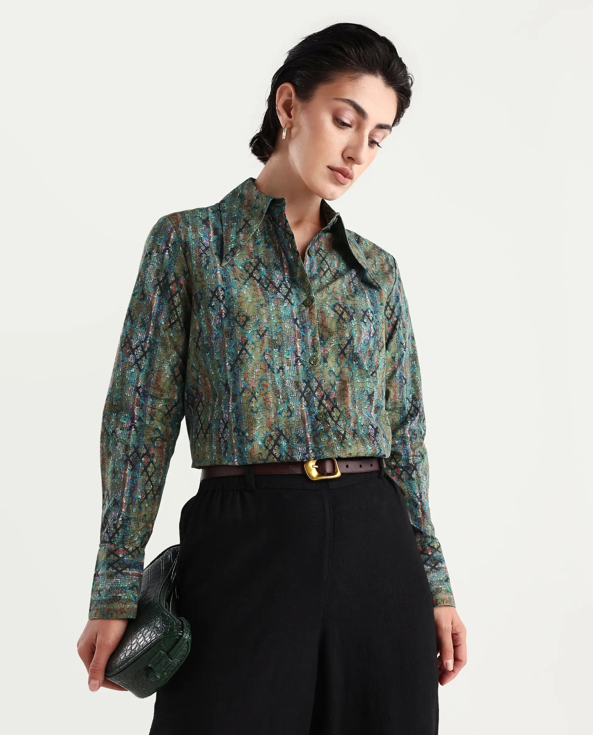 Rareism Women's Nudo Multi Cotton Spread Collar Abstract Print Regular Fit Top