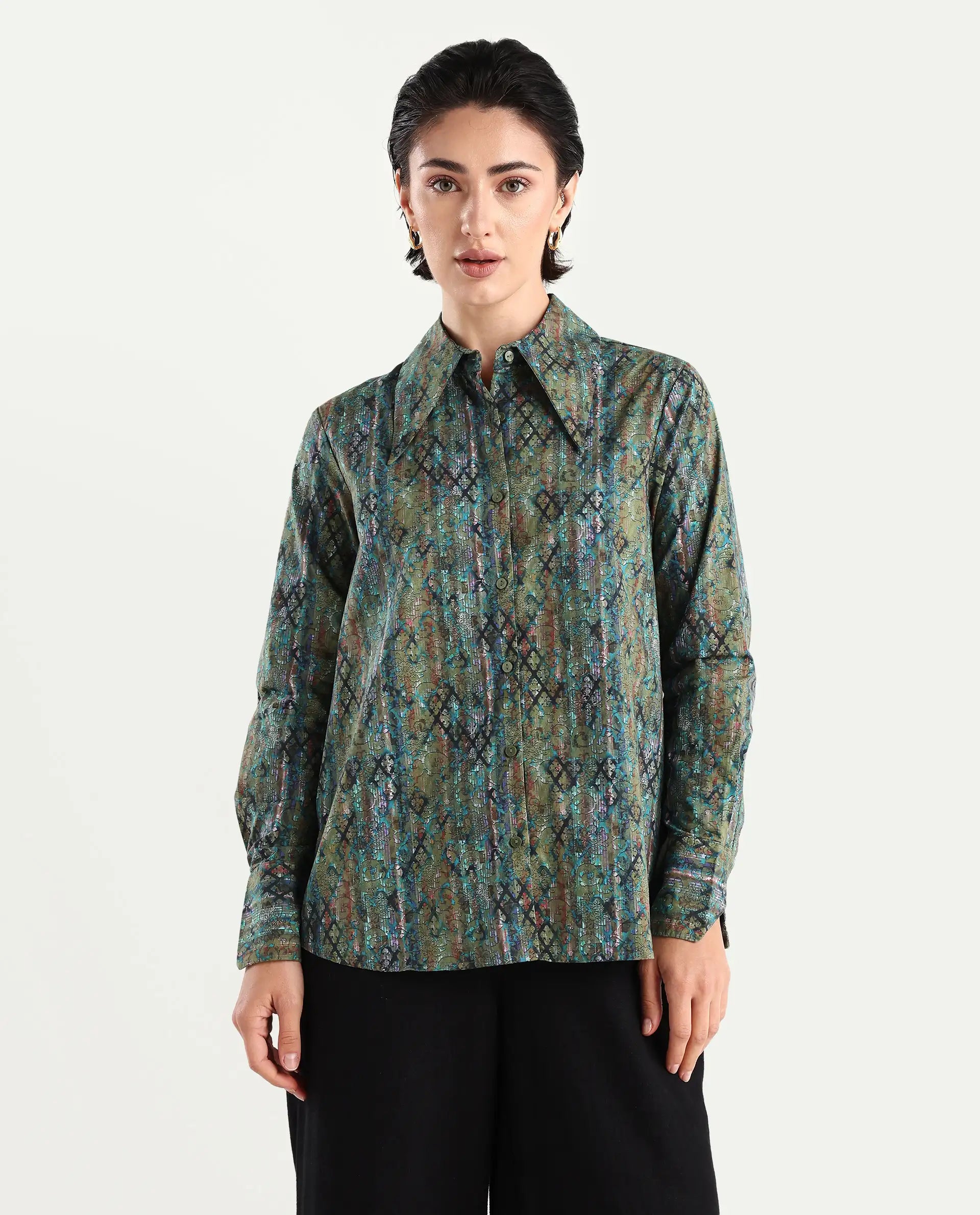 Rareism Women's Nudo Multi Cotton Spread Collar Abstract Print Regular Fit Top