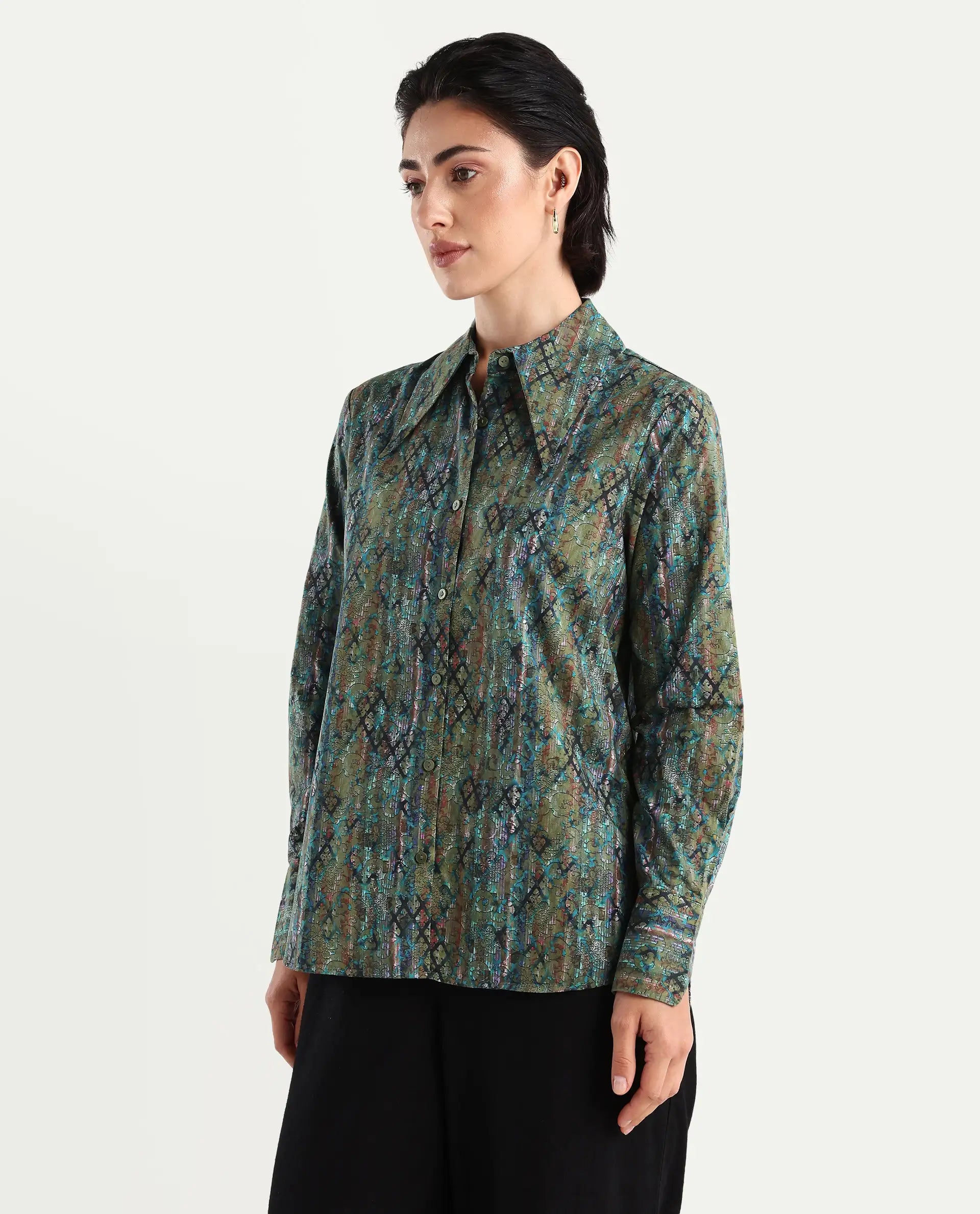 Rareism Women's Nudo Multi Cotton Spread Collar Abstract Print Regular Fit Top