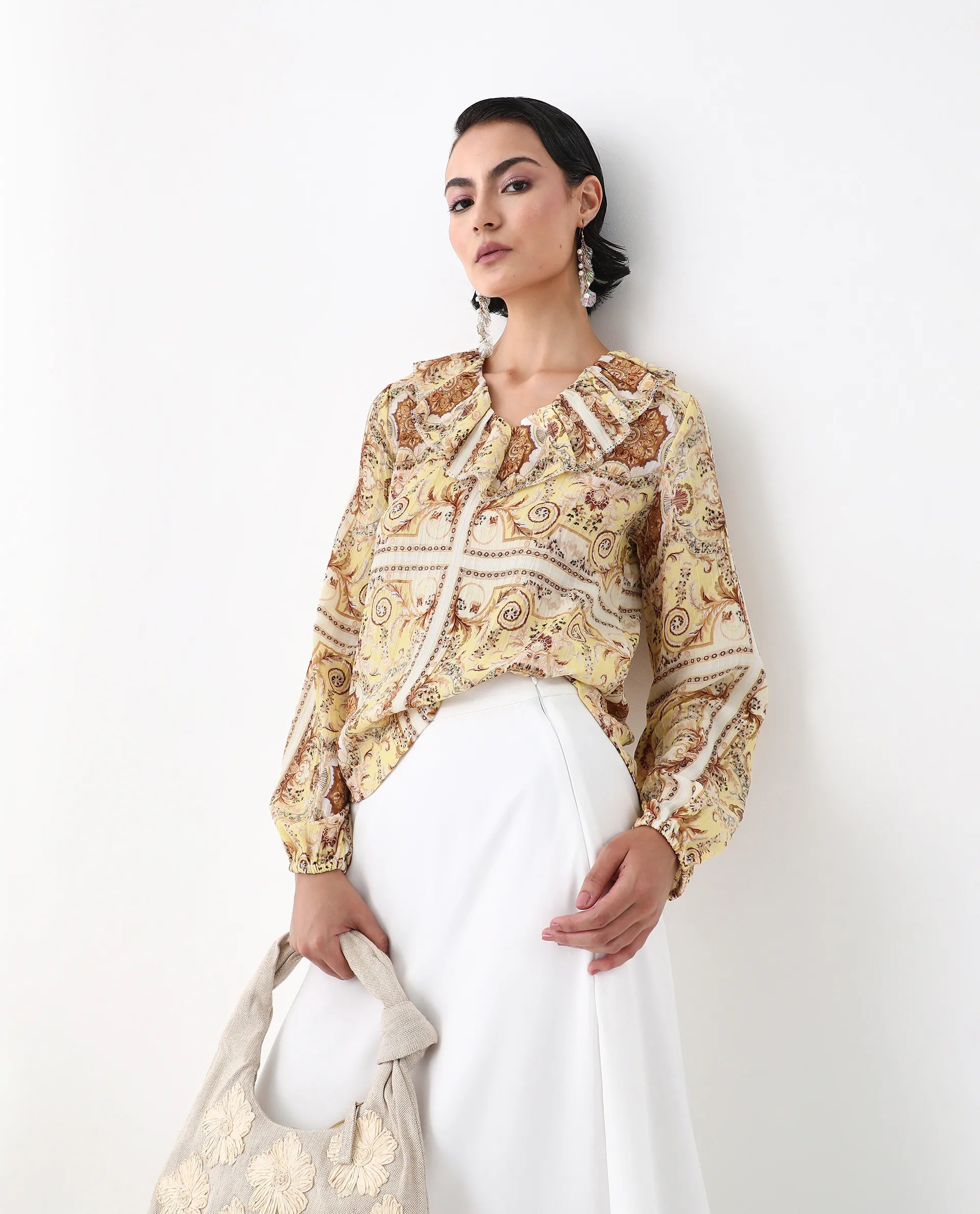 Rareism Women's Nueson Yellow Polyester Ruffled Neck Regular Fit Top