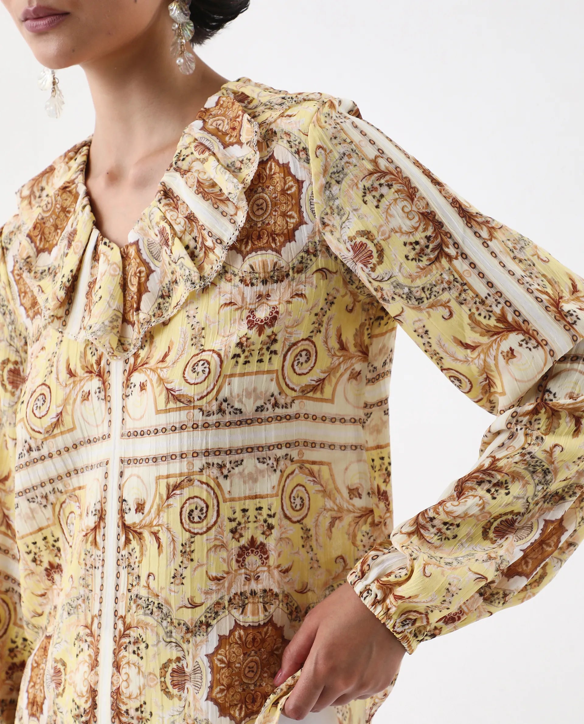 Rareism Women's Nueson Yellow Polyester Ruffled Neck Regular Fit Top