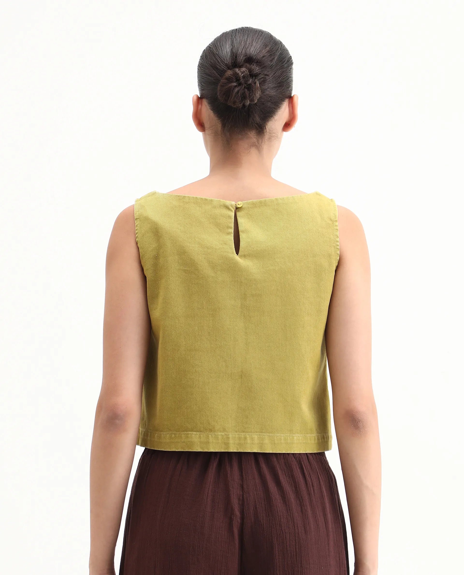 Rareism Women's Nufes-T Olive Cotton Boat Neck Boxy Fit Plain Top