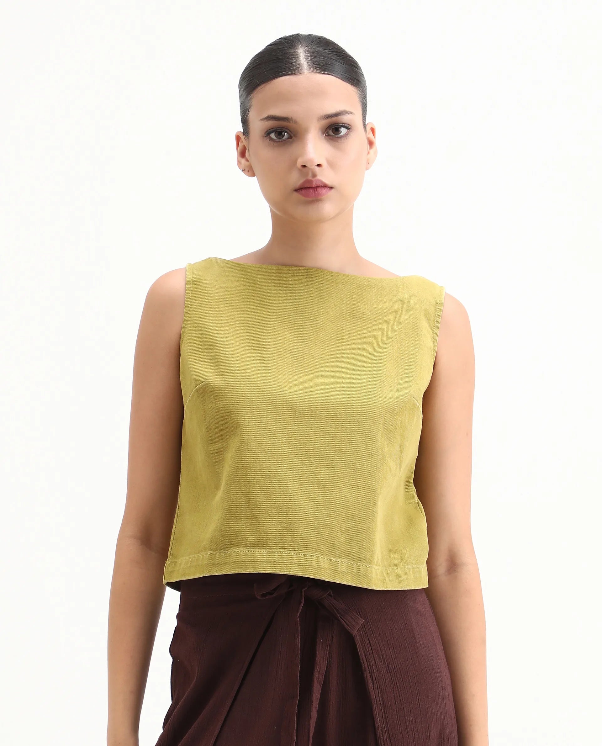 Rareism Women's Nufes-T Olive Cotton Boat Neck Boxy Fit Plain Top