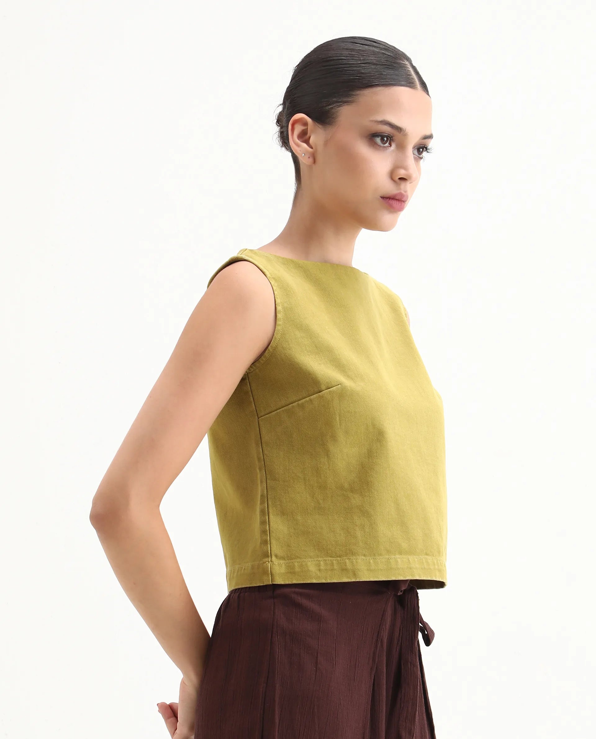 Rareism Women's Nufes-T Olive Cotton Boat Neck Boxy Fit Plain Top