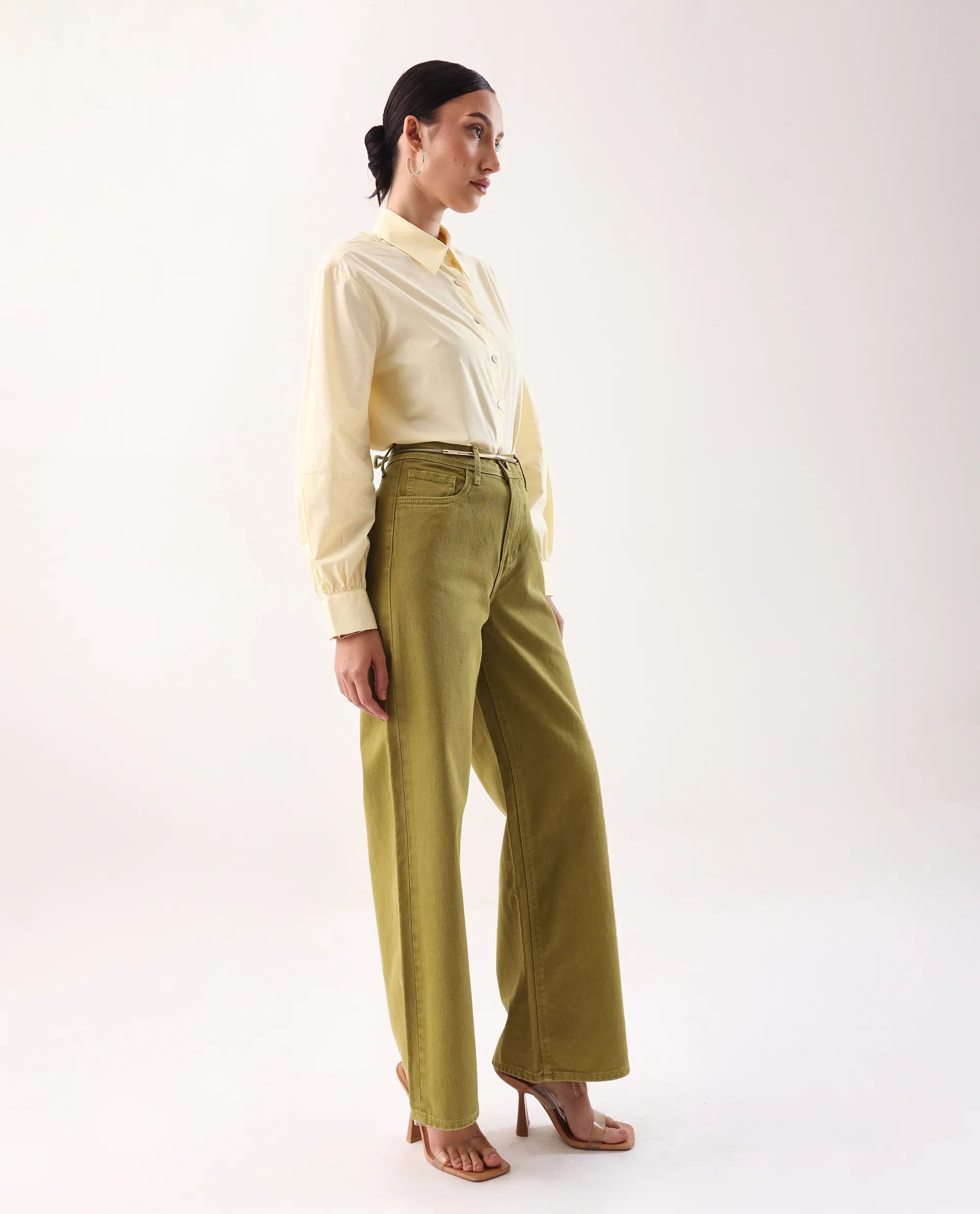 Rareism Women's Nufes B Olive Cotton Wide Ankle Length Plain Trouser