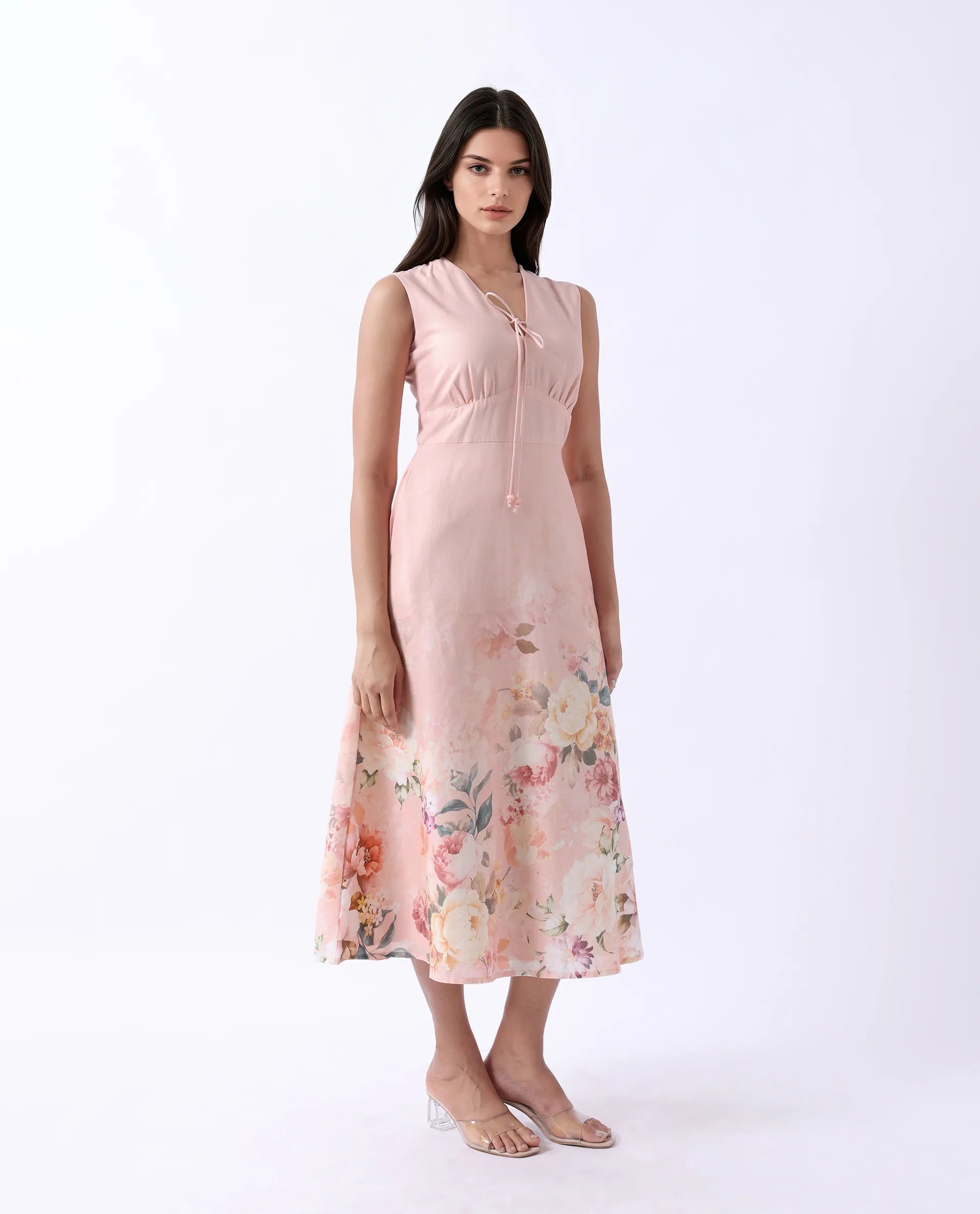 Rareism Women's Nugo Pink Cotton Blend V-Neck Floral Print Midi Dress