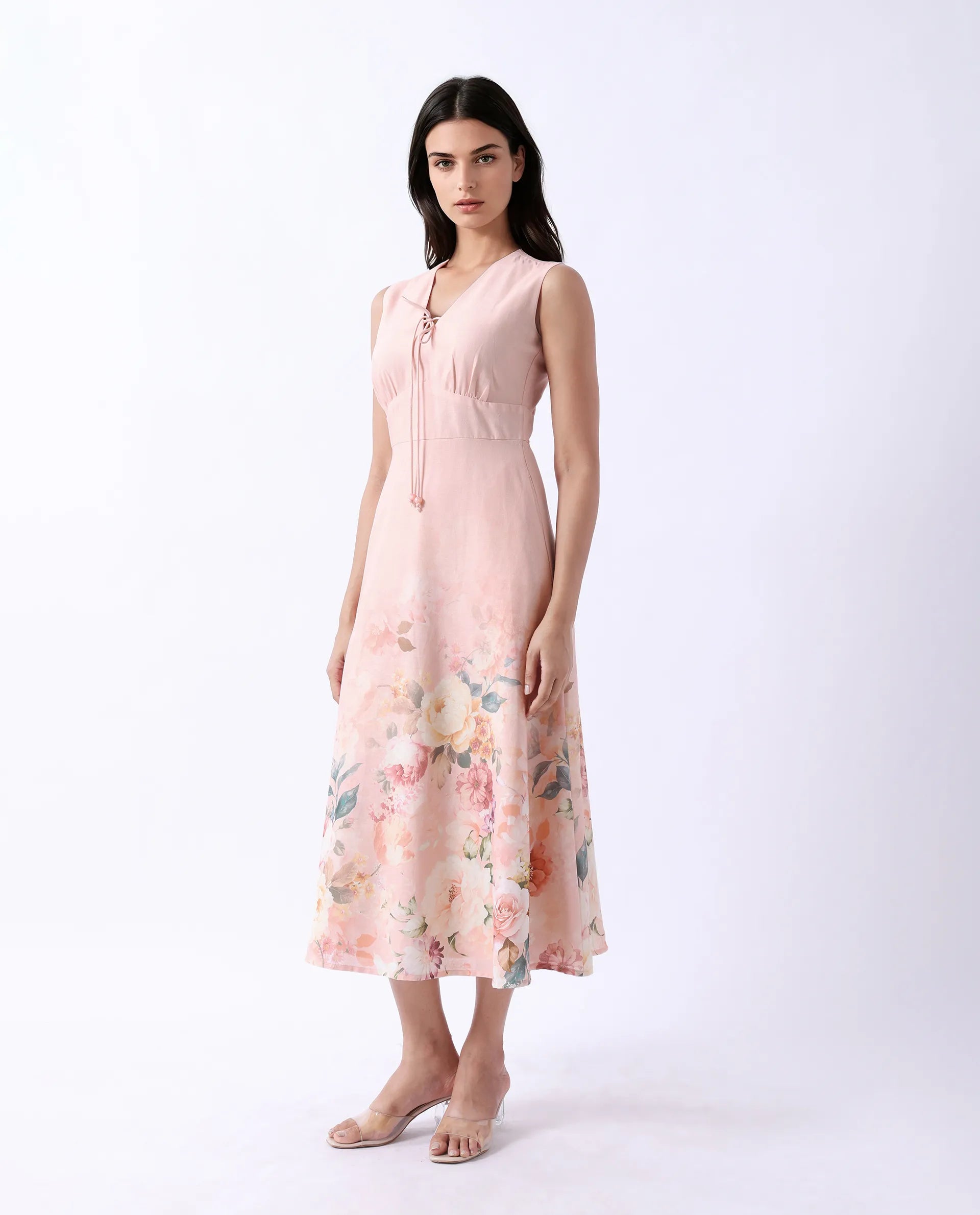 Rareism Women's Nugo Pink Cotton Blend V-Neck Floral Print Midi Dress