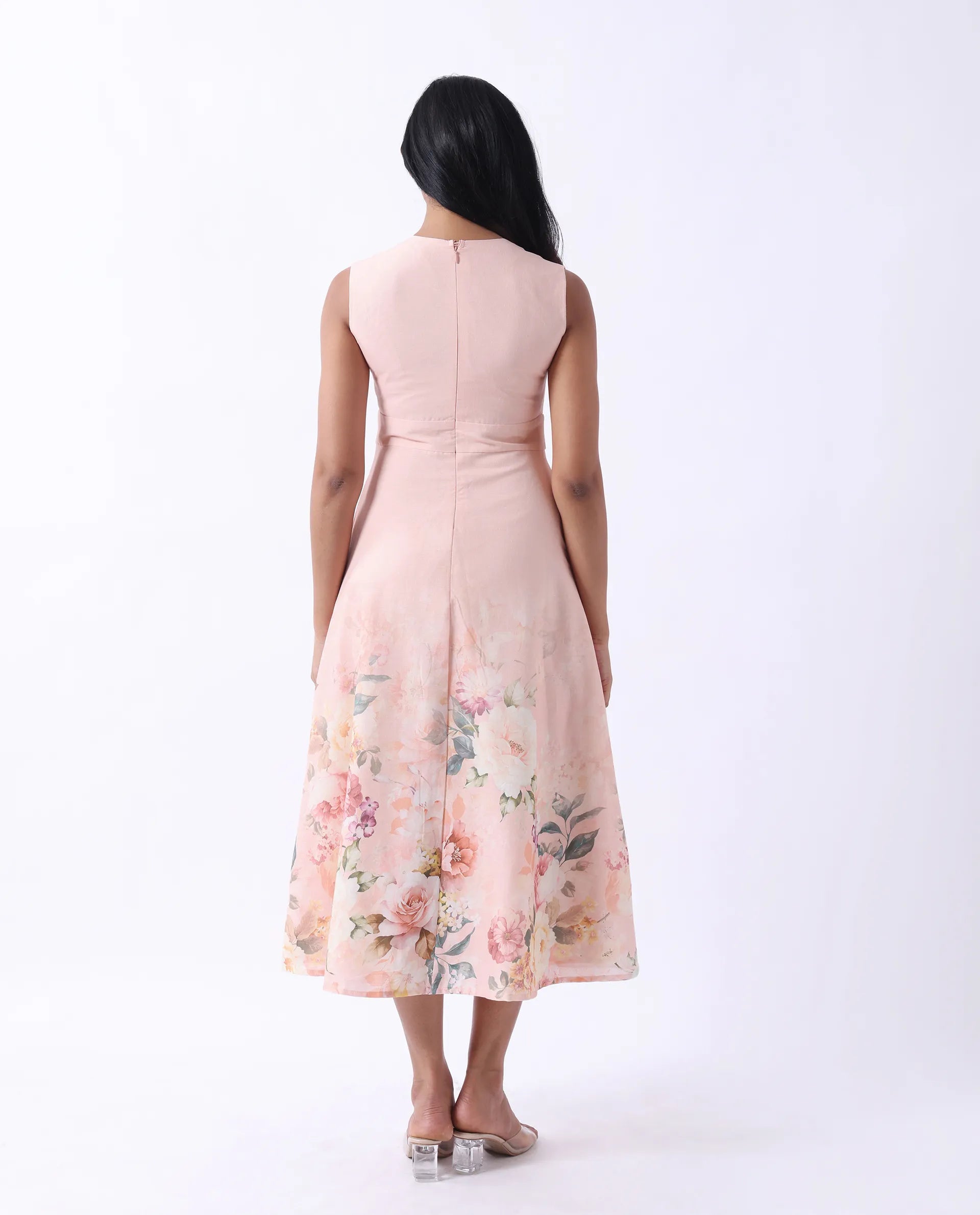 Rareism Women's Nugo Pink Cotton Blend V-Neck Floral Print Midi Dress