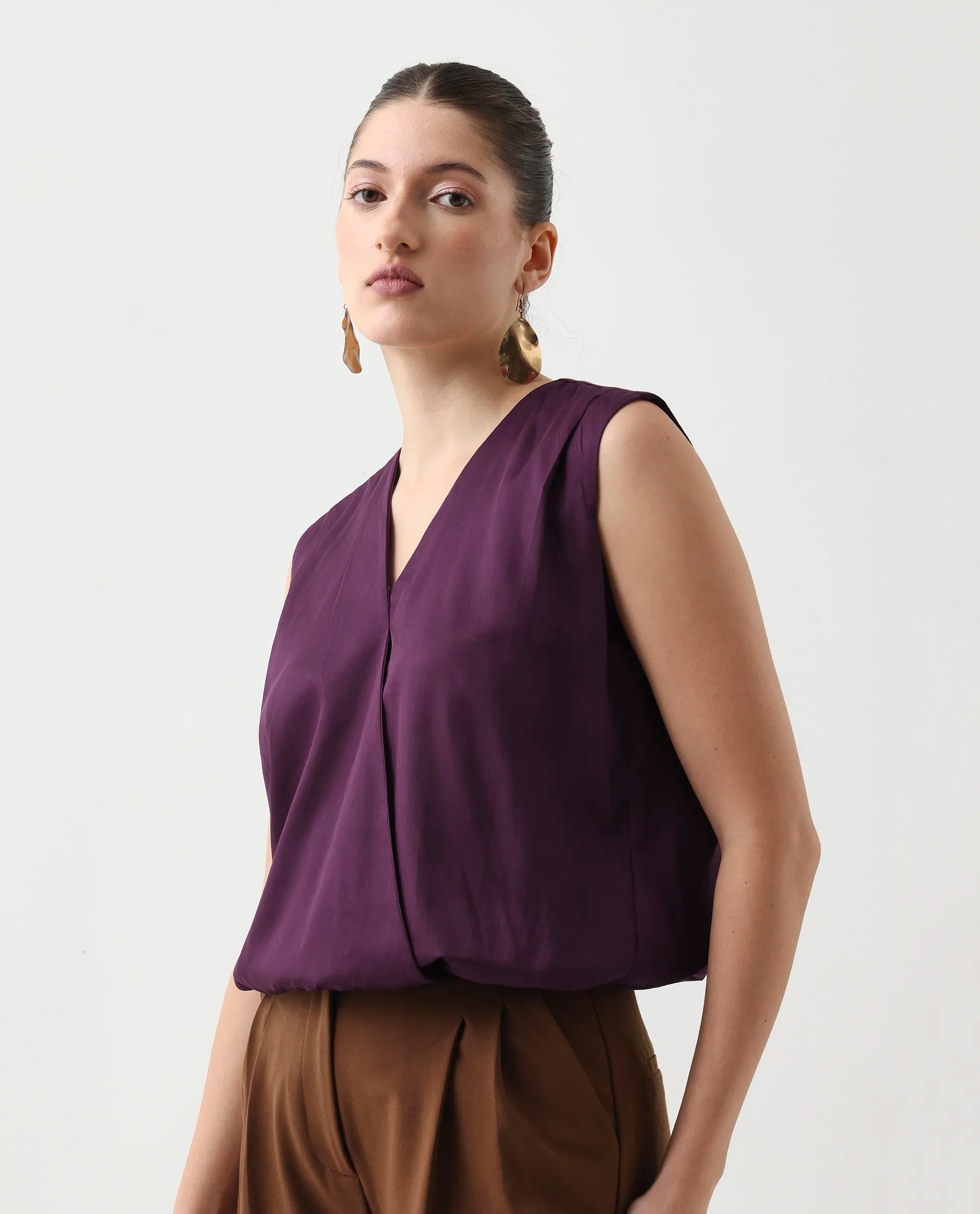 Rareism Women's Nujet Purple Cotton Blend Overlap Neck Regular Fit Plain Top