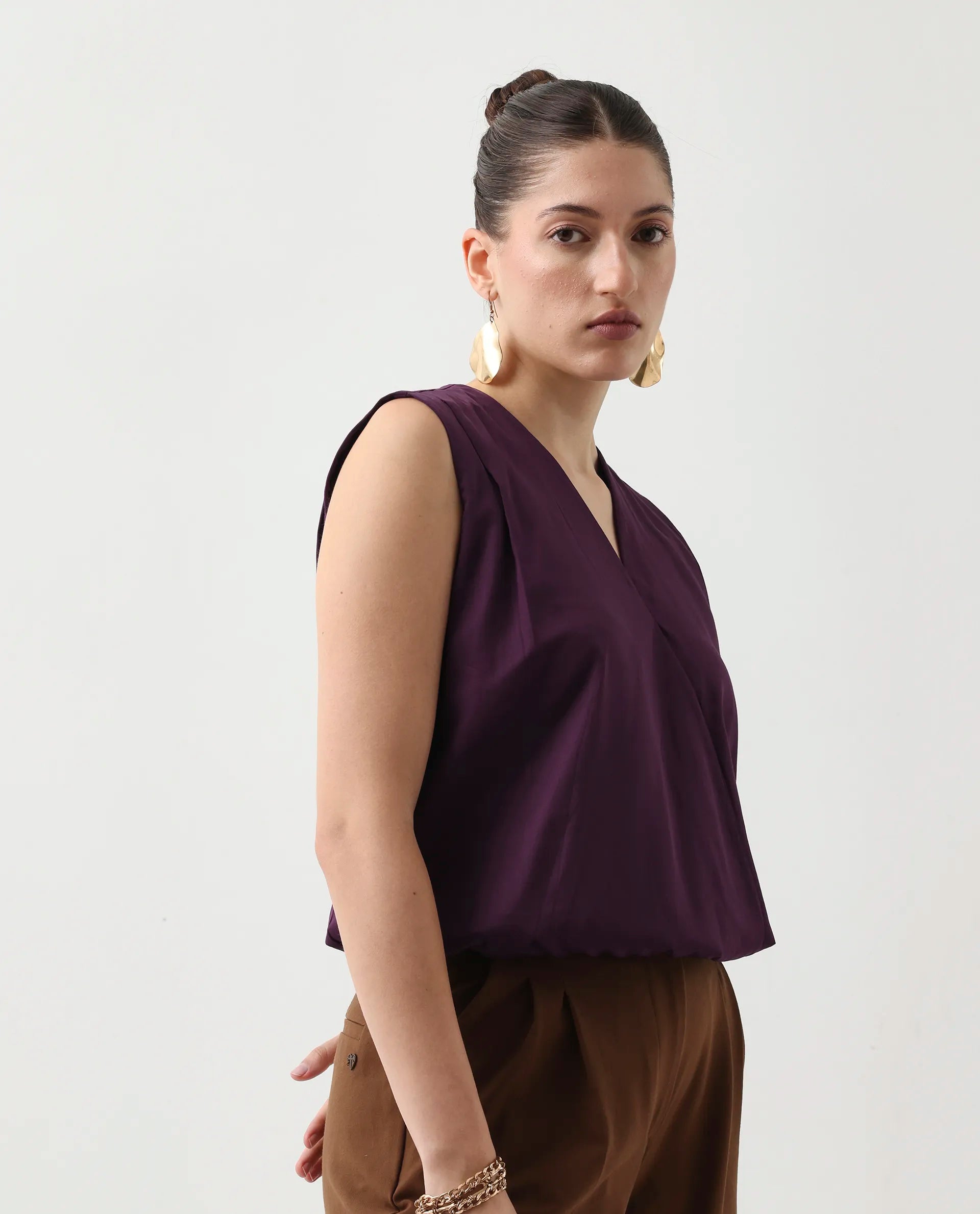 Rareism Women's Nujet Purple Cotton Blend Overlap Neck Regular Fit Plain Top