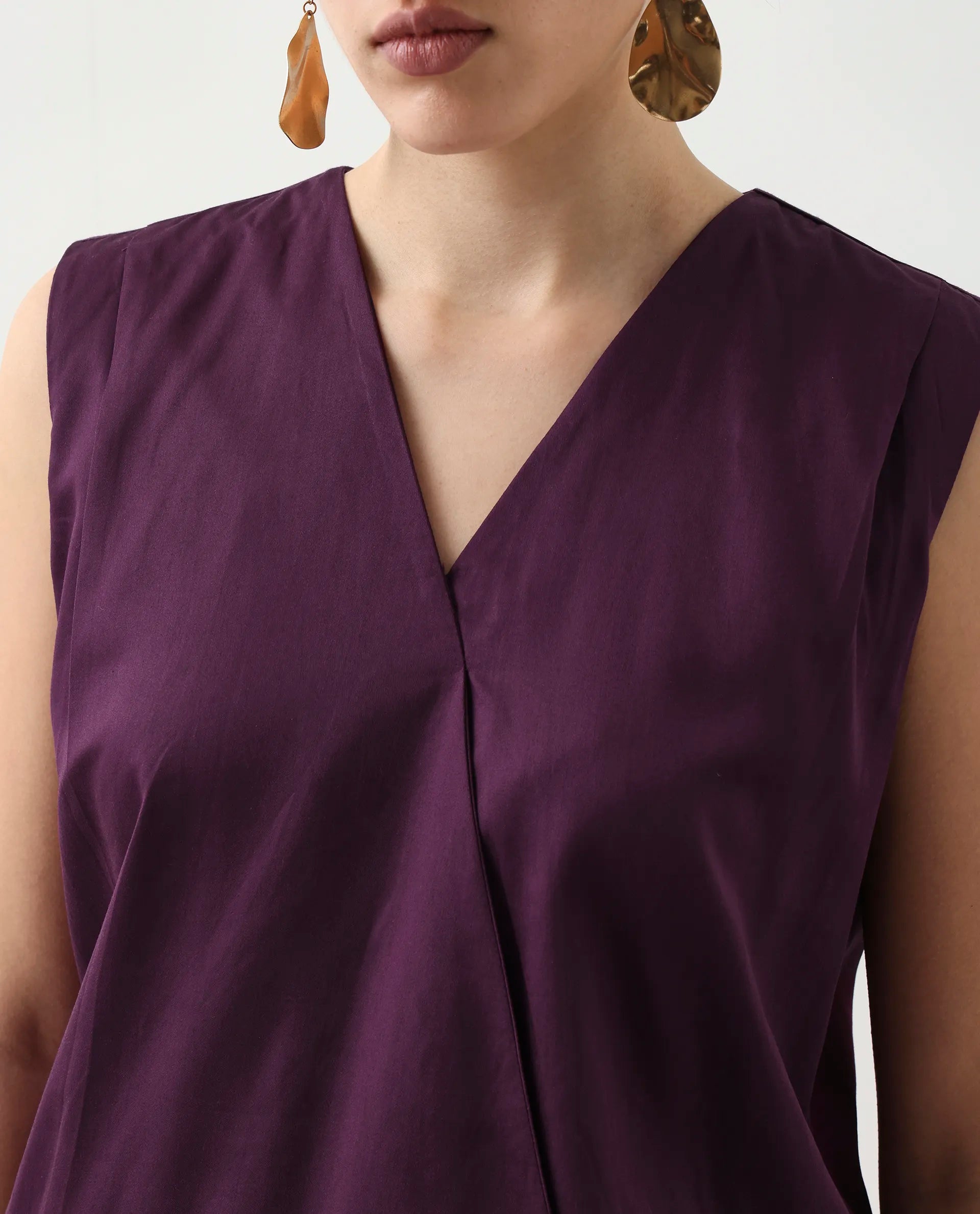 Rareism Women's Nujet Purple Cotton Blend Overlap Neck Regular Fit Plain Top