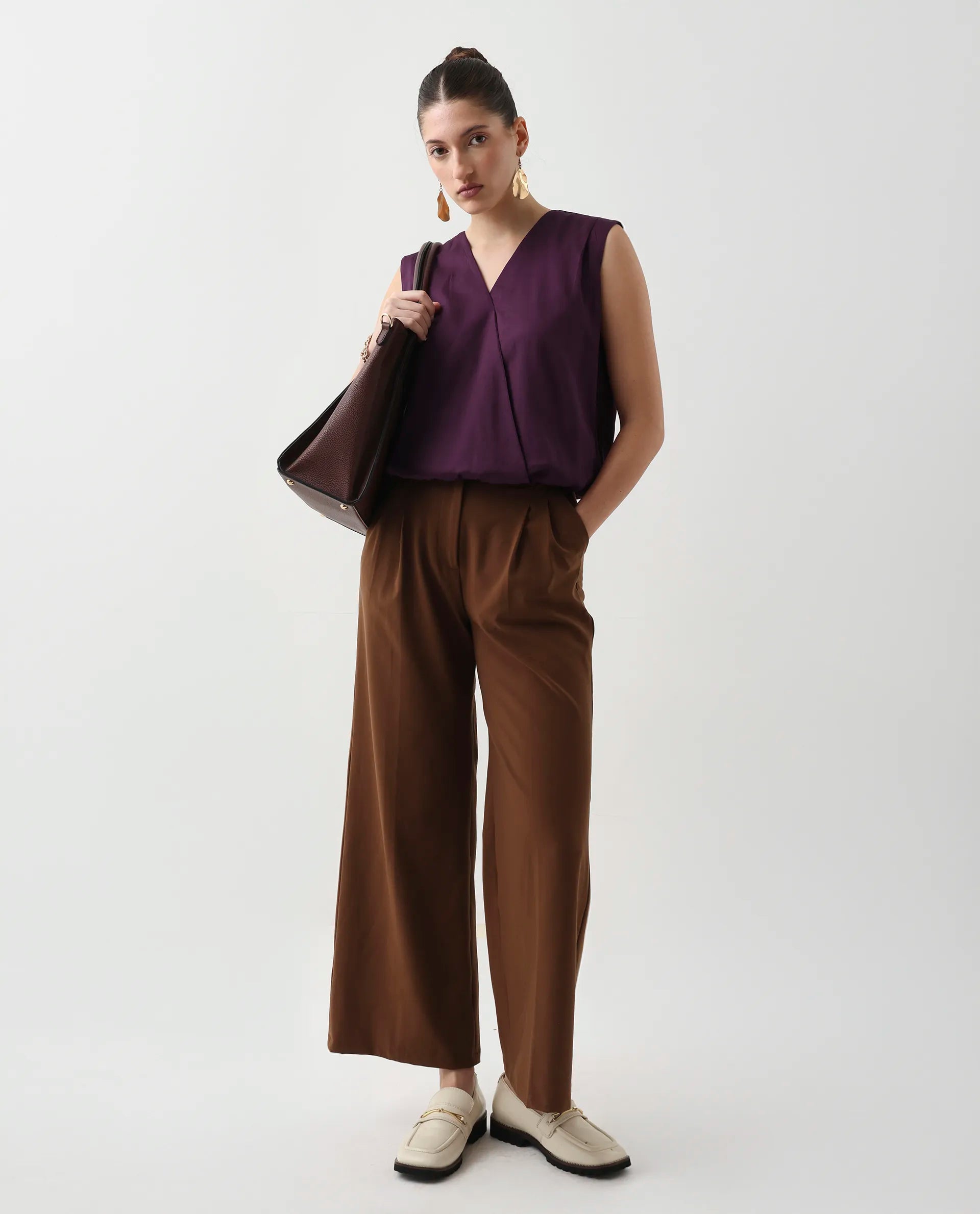 Rareism Women's Nujet Purple Cotton Blend Overlap Neck Regular Fit Plain Top