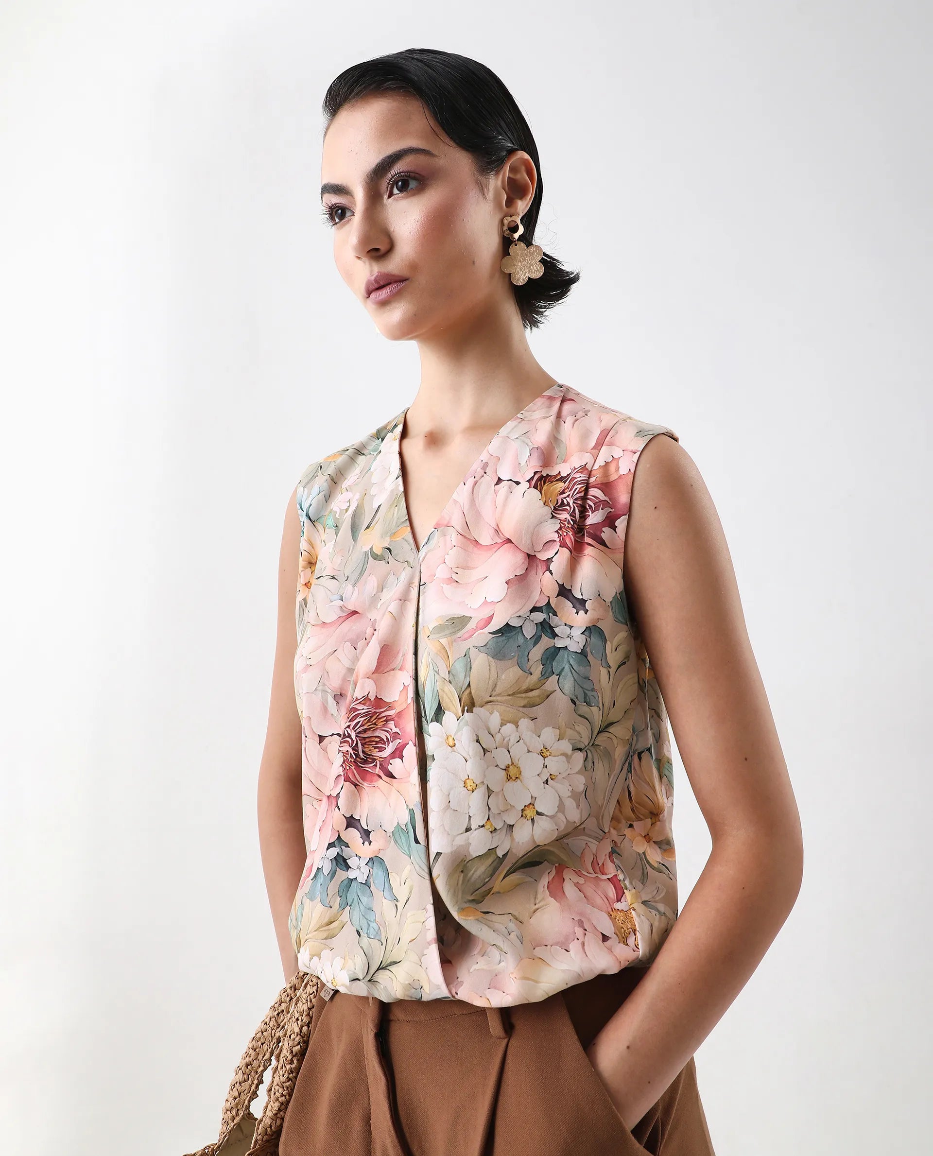 Rareism Women's Nujit Light Multi Viscose Sleeveless Over Lap Neck Regular Fit Top