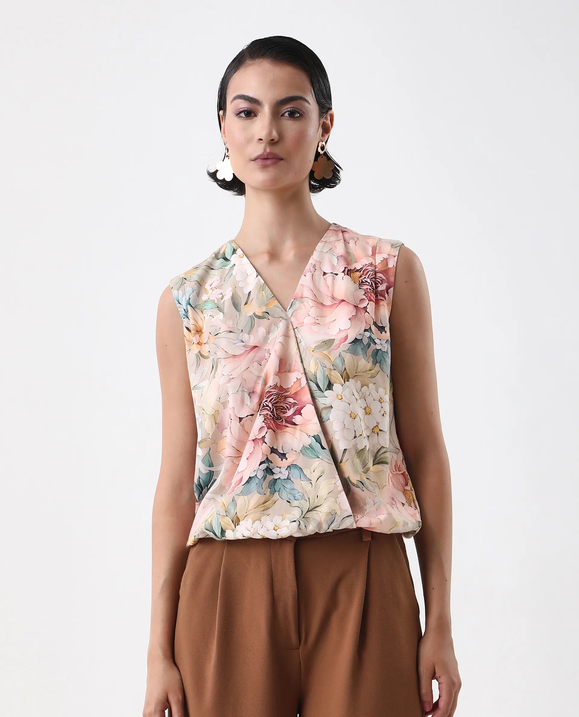 Rareism Women's Nujit Light Multi Viscose Sleeveless Over Lap Neck Regular Fit Top