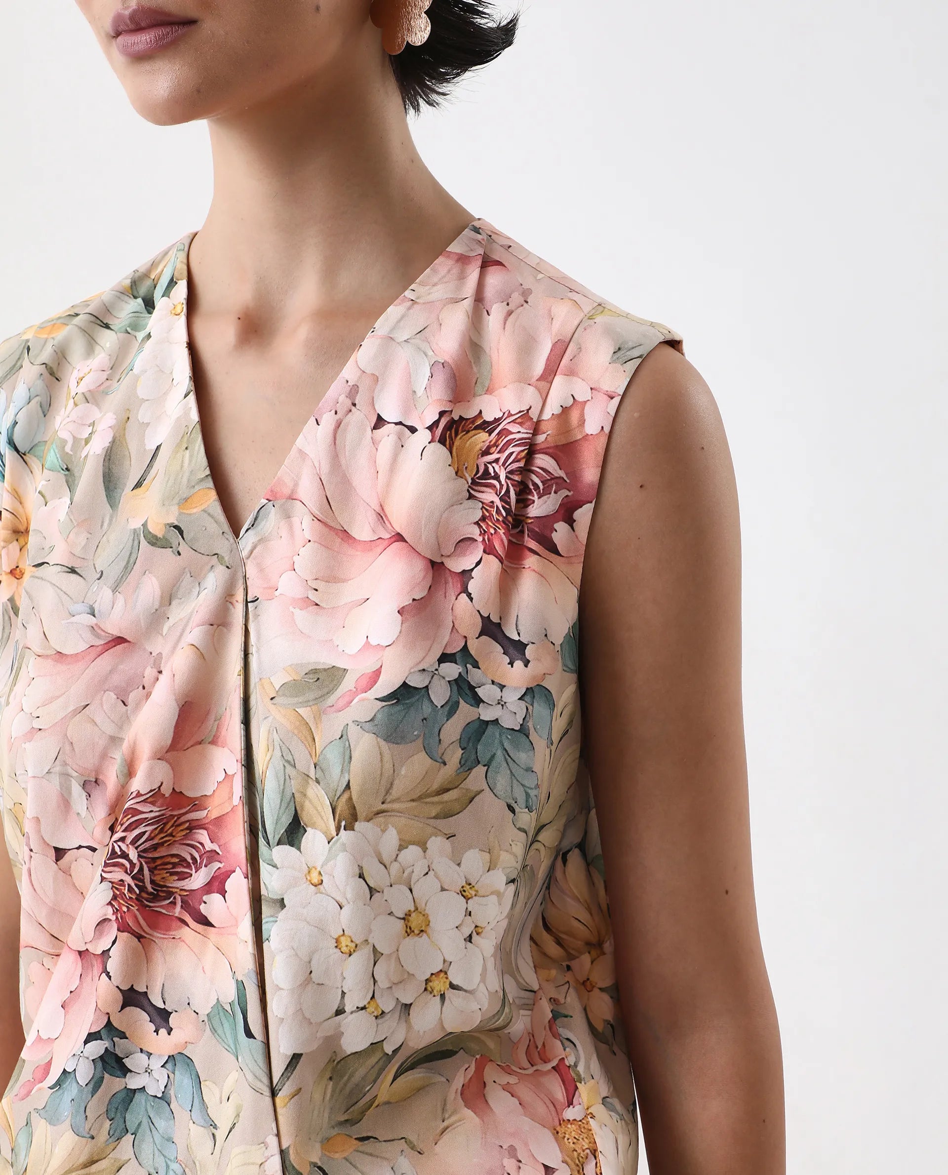 Rareism Women's Nujit Light Multi Viscose Sleeveless Over Lap Neck Regular Fit Top