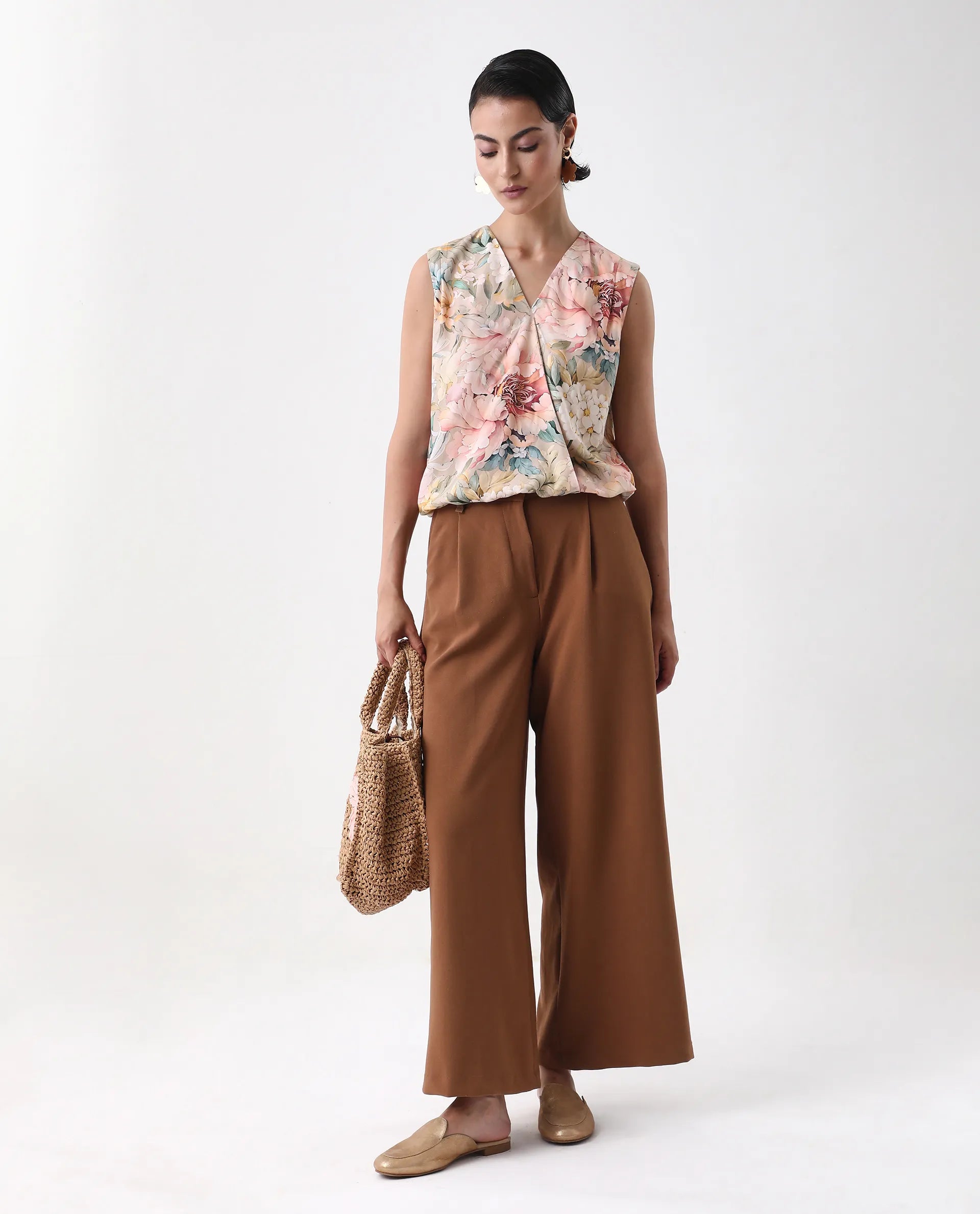 Rareism Women's Nujit Light Multi Viscose Sleeveless Over Lap Neck Regular Fit Top