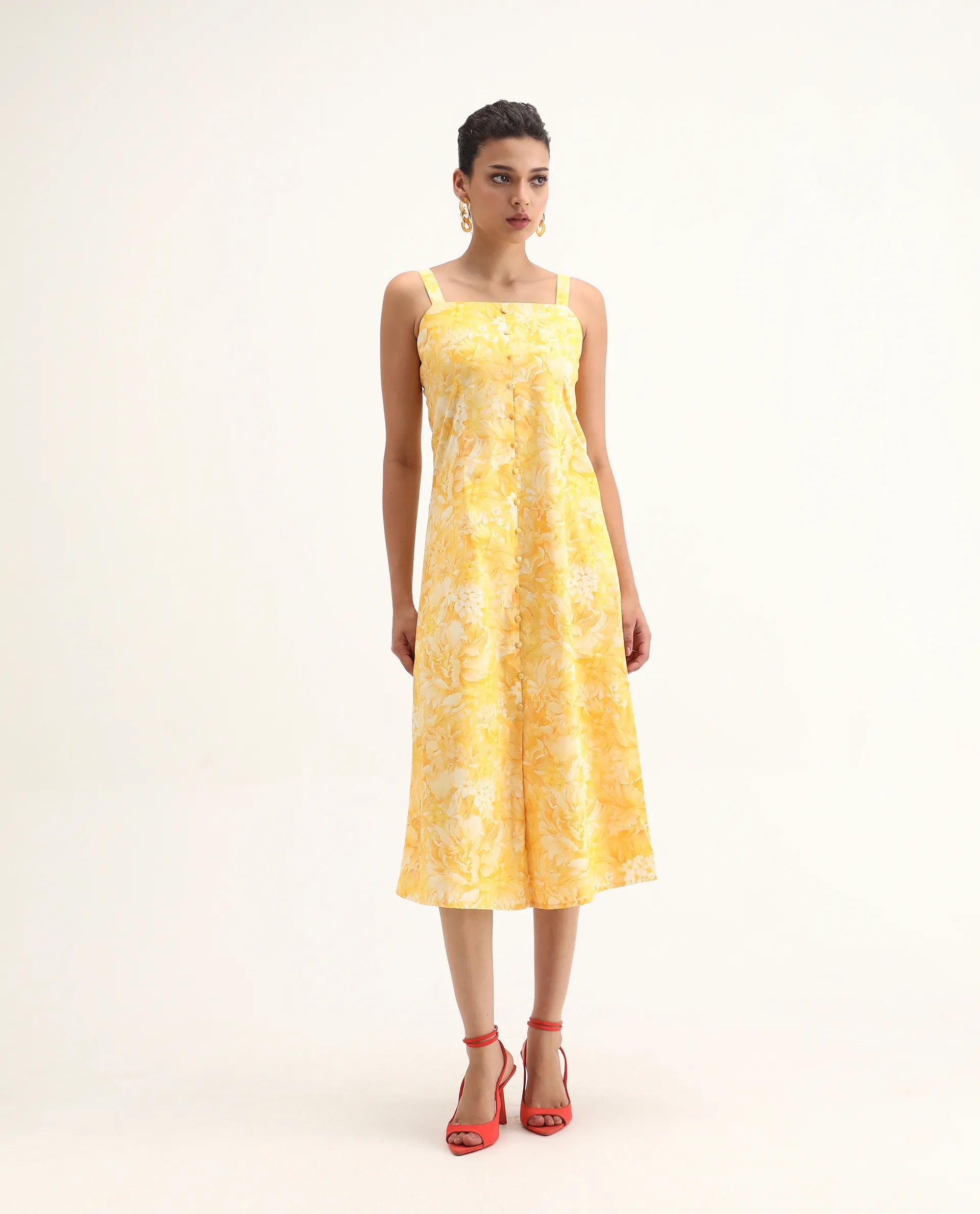 Rareism Women's Nujon Yellow Cotton Square Neck Floral Print Sleeveless Midi A-Line Dress