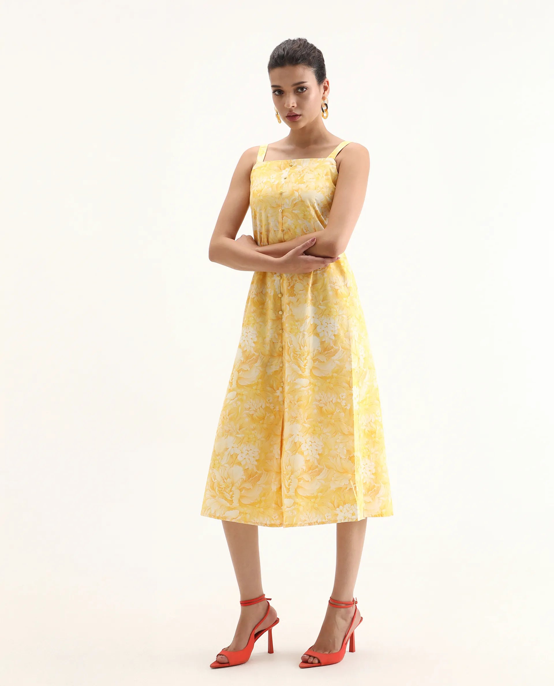 Rareism Women's Nujon Yellow Cotton Square Neck Floral Print Sleeveless Midi A-Line Dress