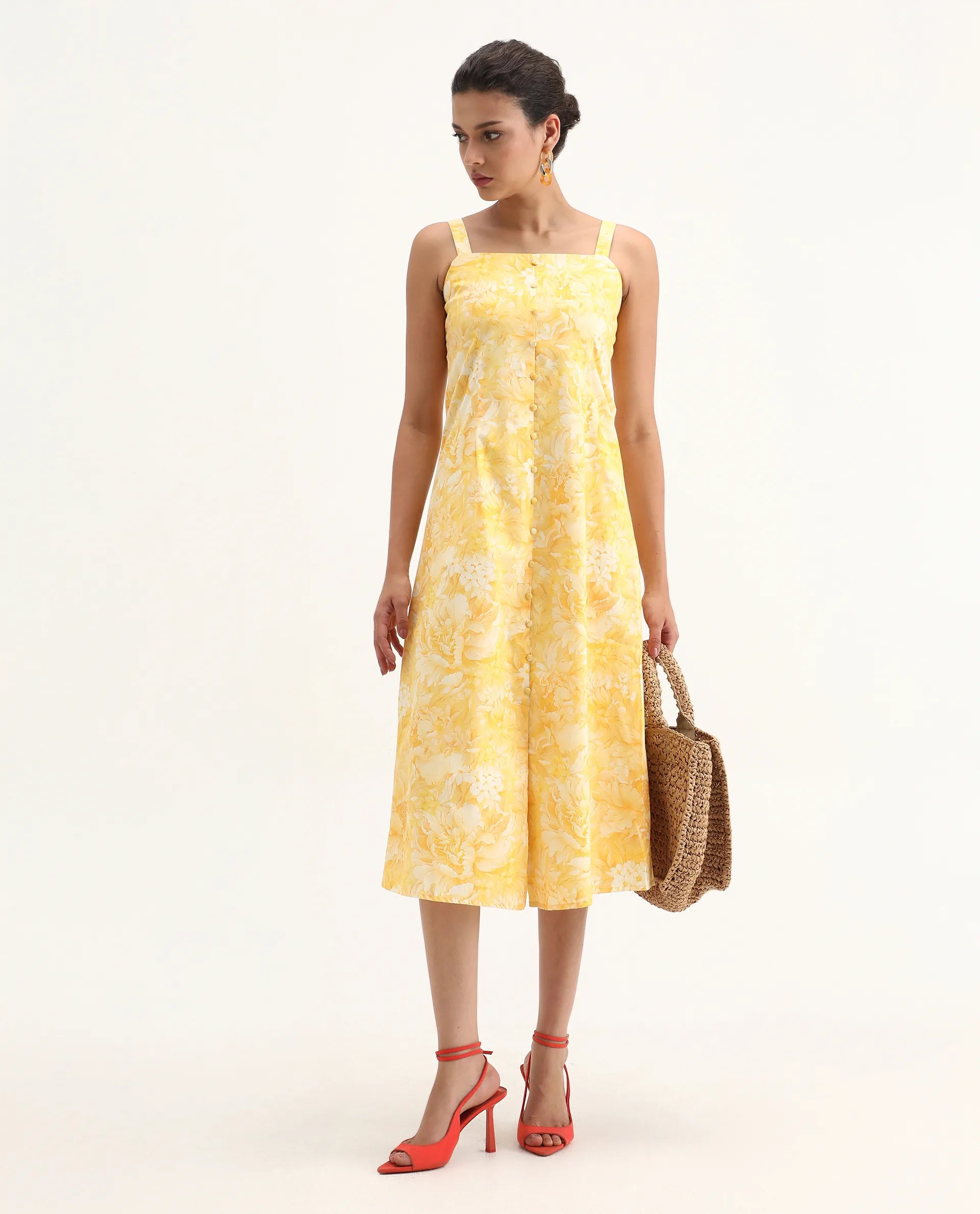 Rareism Women's Nujon Yellow Cotton Square Neck Floral Print Sleeveless Midi A-Line Dress