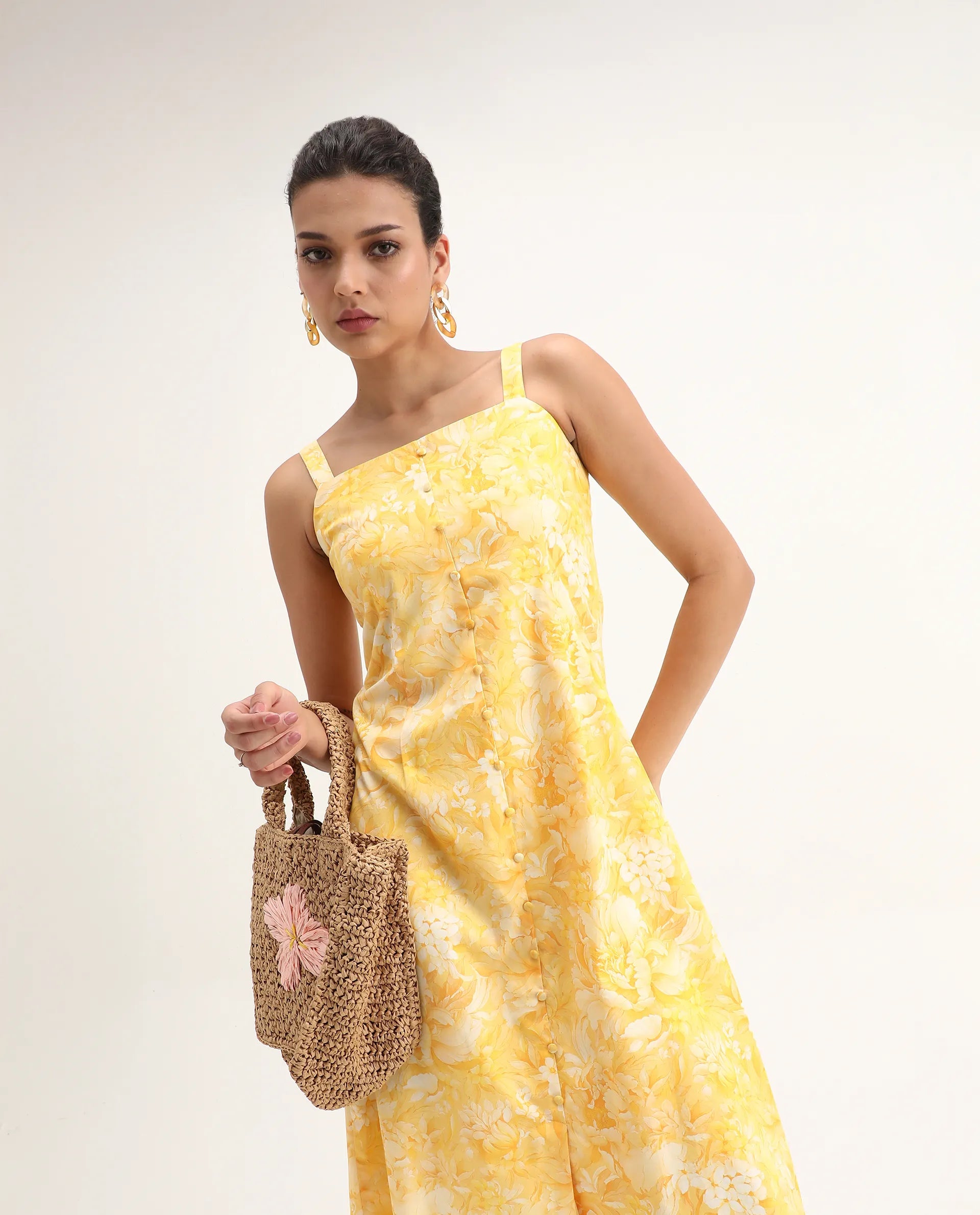 Rareism Women's Nujon Yellow Cotton Square Neck Floral Print Sleeveless Midi A-Line Dress