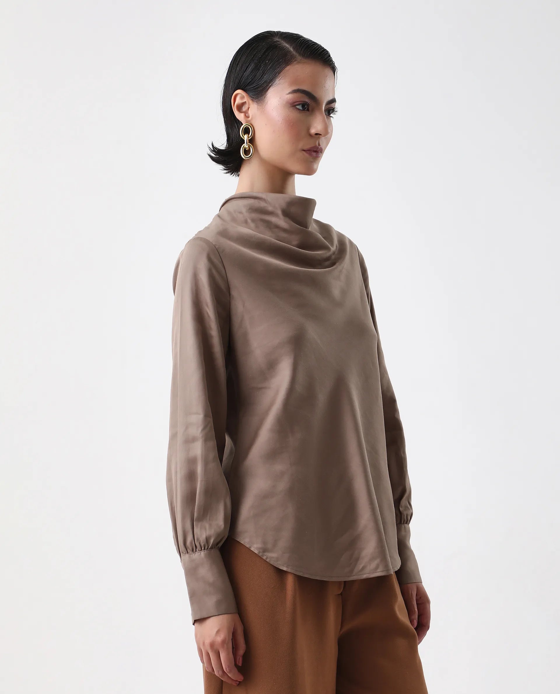 Rareism Women's Nujuno Beige Cotton Blend Cuffed Sleeve Cowl Neck Regular Fit Plain Top