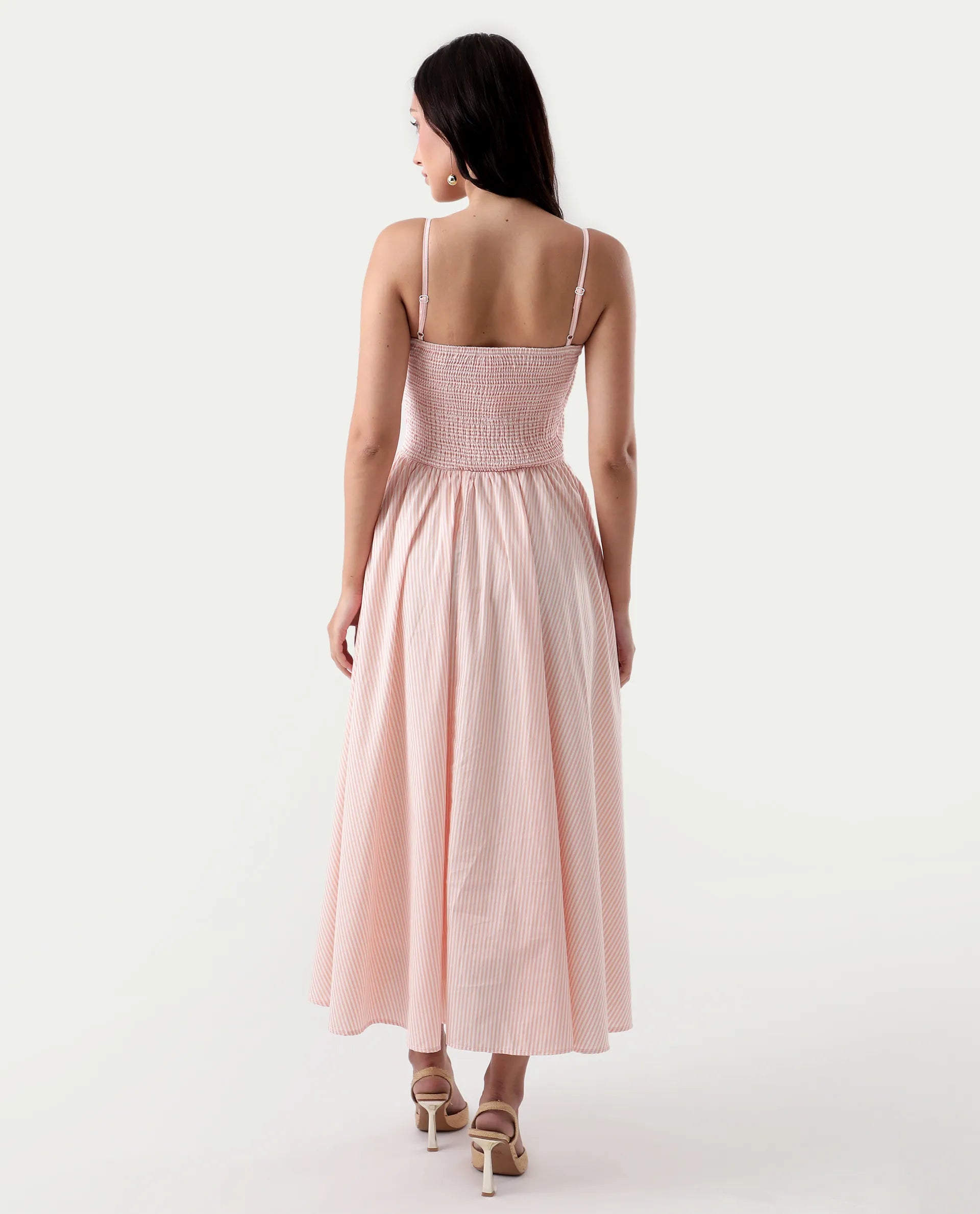 Rareism Women's Nuloon Pink Cotton Sweetheart Neck Striped Sleeveless Midi Fit And Flare Dress