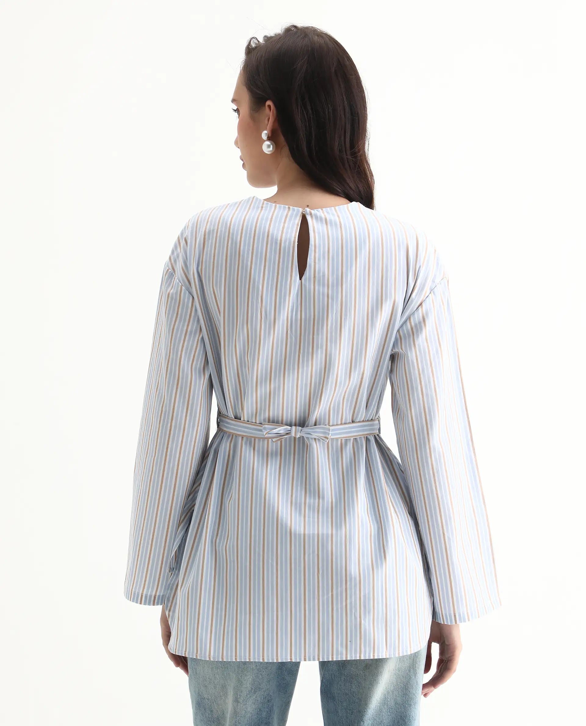 Rareism Women's Nulu Light Blue Cotton Extended Sleeves Round Neck Regular Fit Top