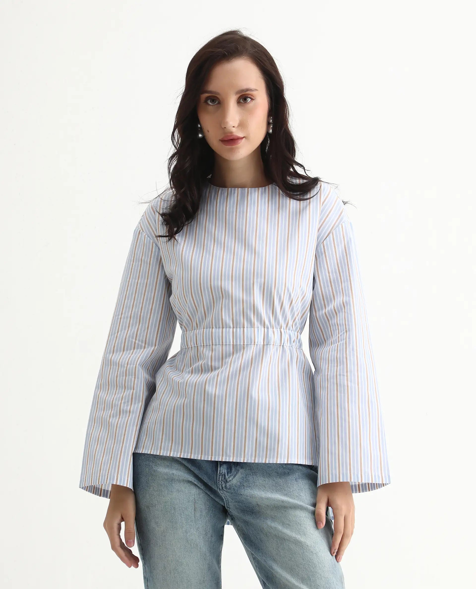 Rareism Women's Nulu Light Blue Cotton Extended Sleeves Round Neck Regular Fit Top