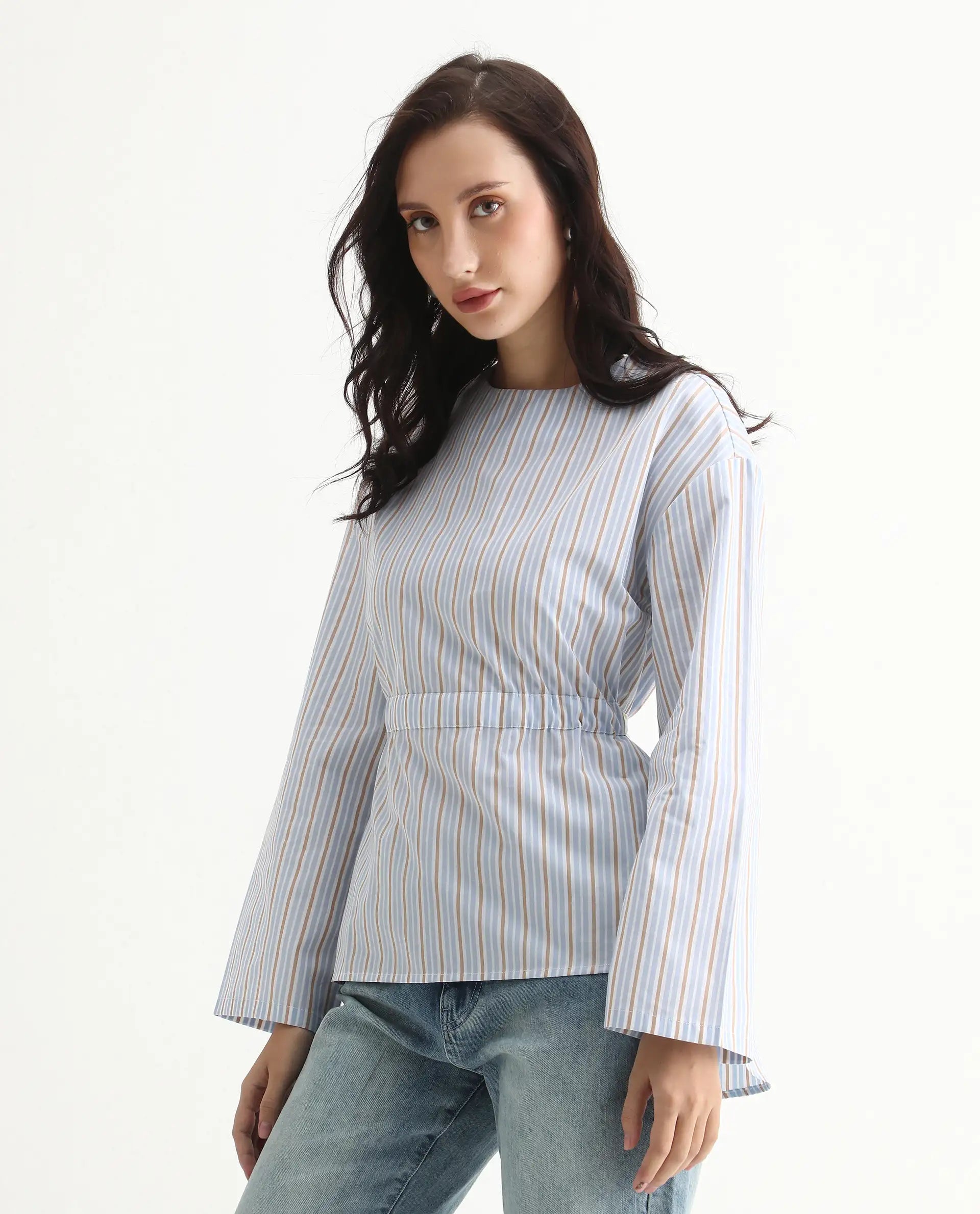 Rareism Women's Nulu Light Blue Cotton Extended Sleeves Round Neck Regular Fit Top