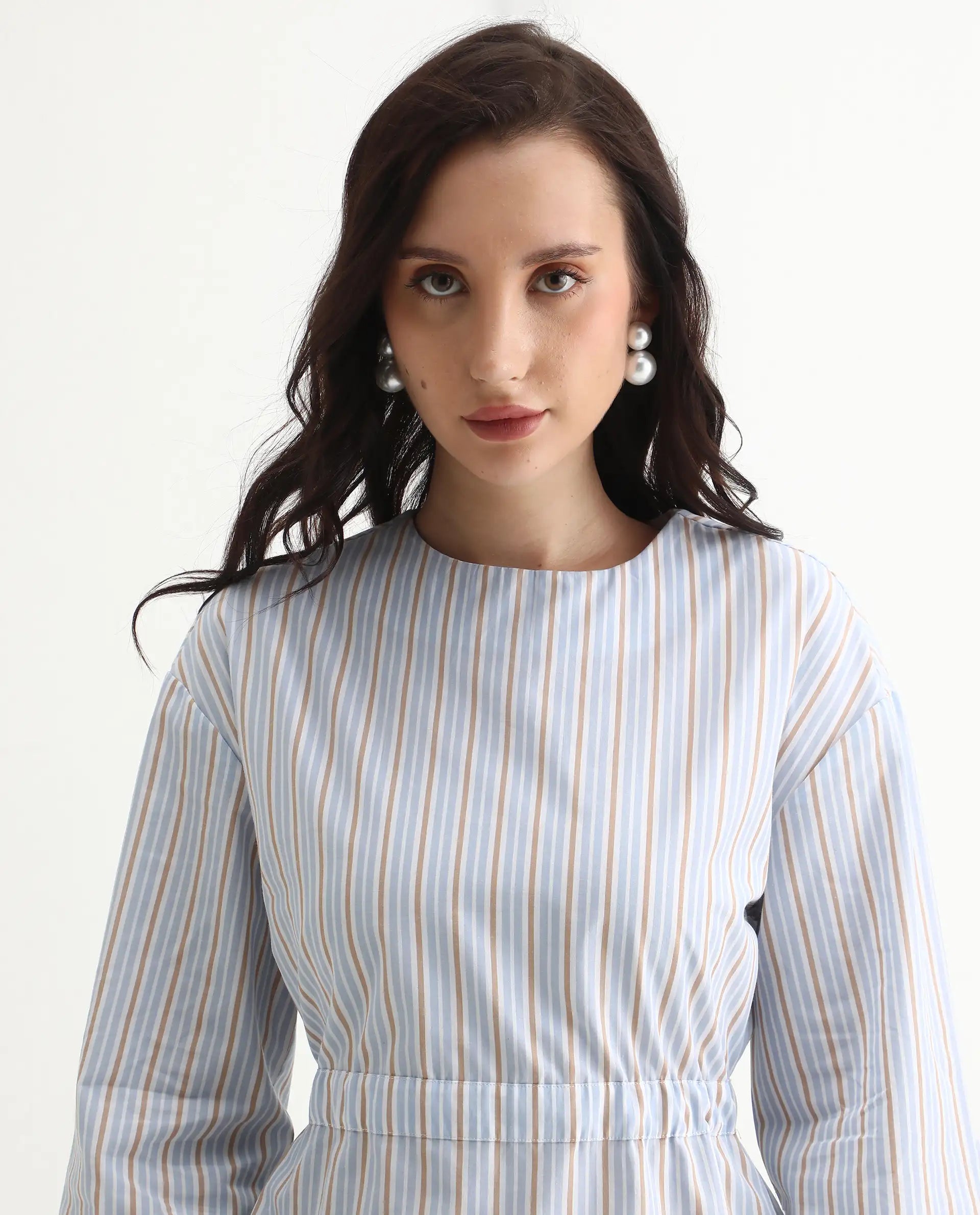 Rareism Women's Nulu Light Blue Cotton Extended Sleeves Round Neck Regular Fit Top