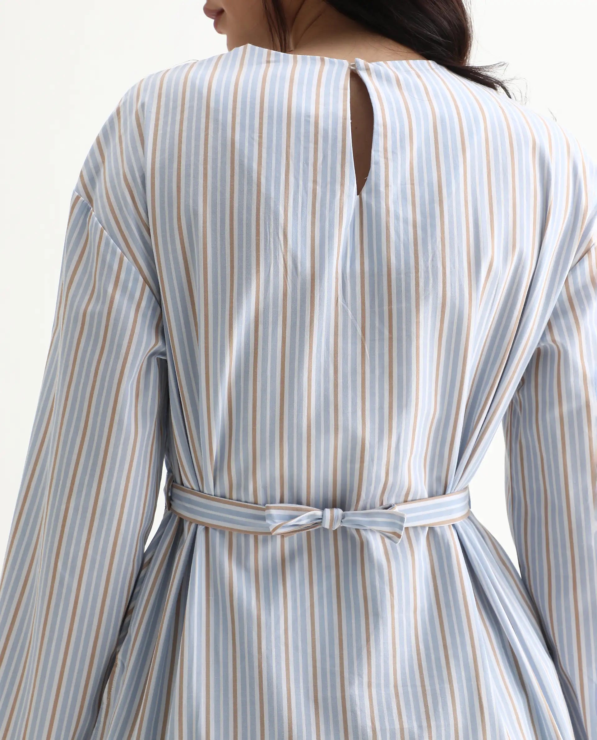 Rareism Women's Nulu Light Blue Cotton Extended Sleeves Round Neck Regular Fit Top